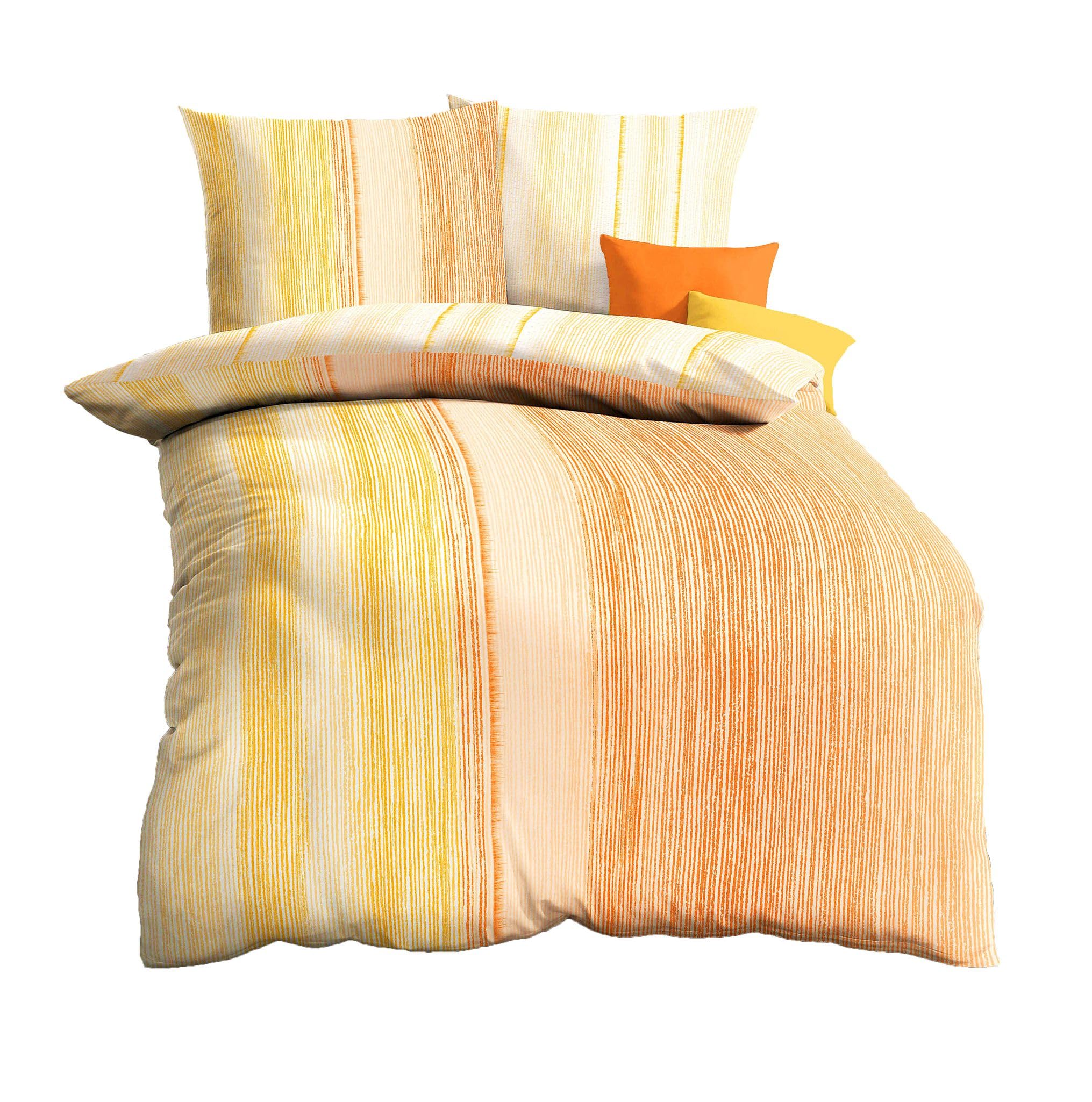 Kaeppel Edel Seersucker 2 TLG. Wende Bettwäsche Cortina Gelb Orange Farbverlauf Streifen Baumwolle, Größe:155x220cm Bettwäsche