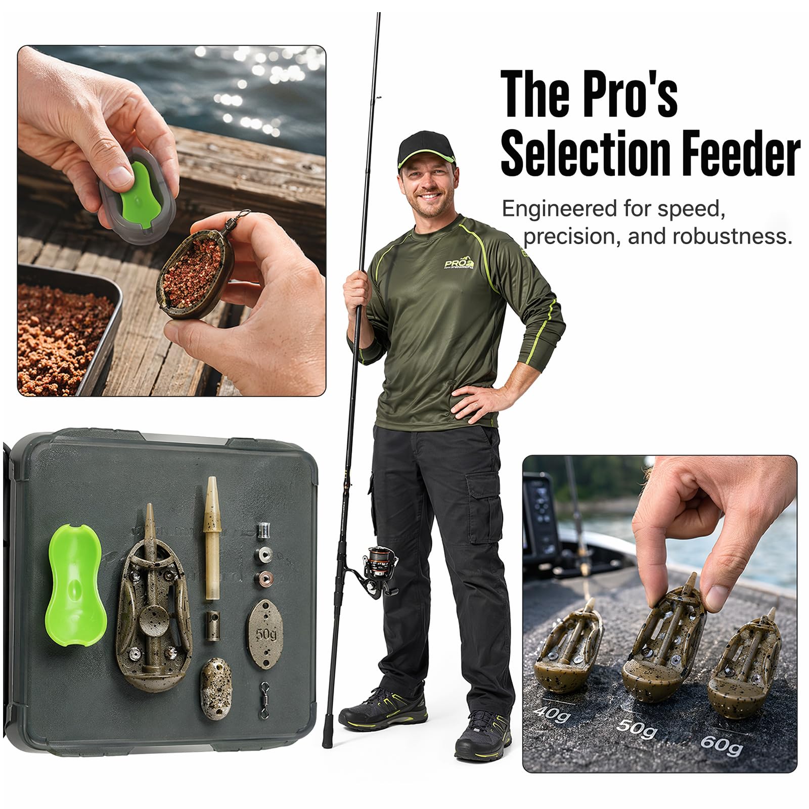 Accessoires Feeder en 6 pièces : kit Method Feeder, Method Feeder Plat avec boîte à appâts, Lest supplémentaire, Panier Feeder pour la pêche avec des appâts de 20 g, 30 g, 40 g et 50 g