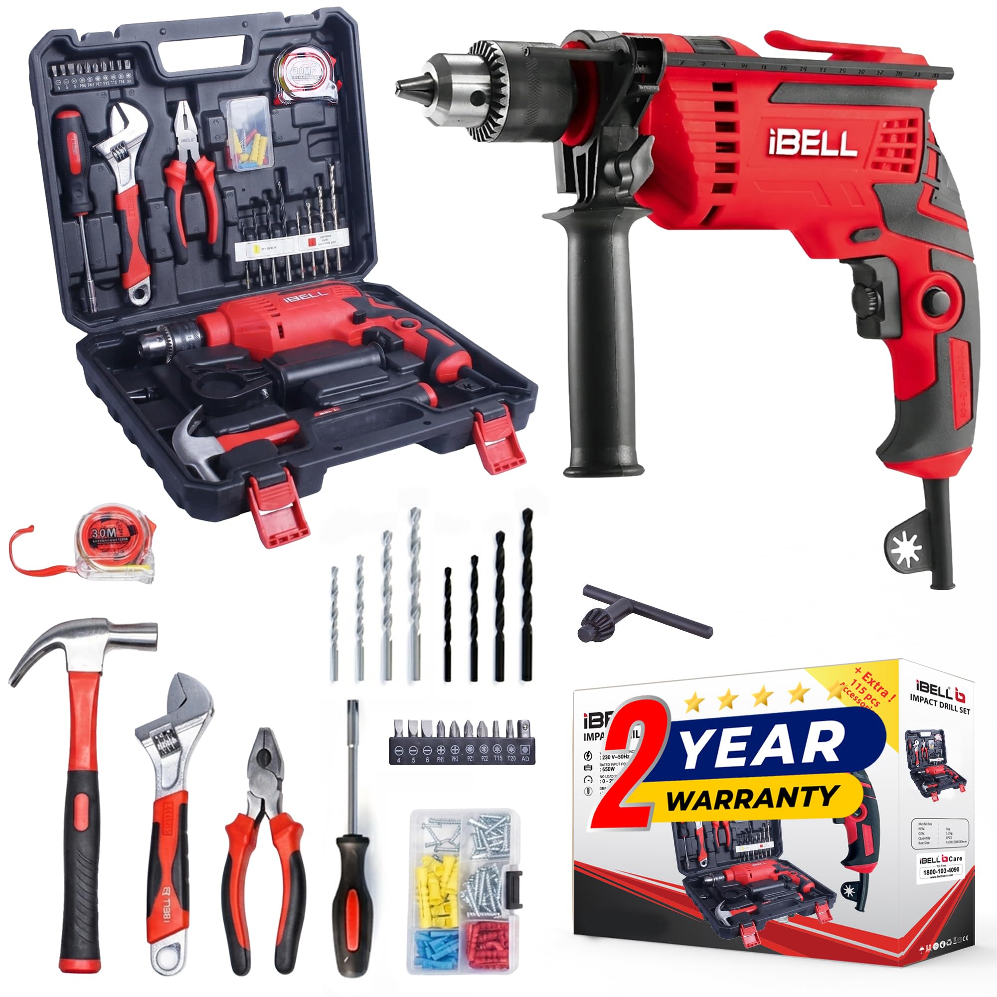 ibell professional tool kit with impact drill td13-85, 650w, copper armature, chuck 13mm, 49 home essential tools/accessories