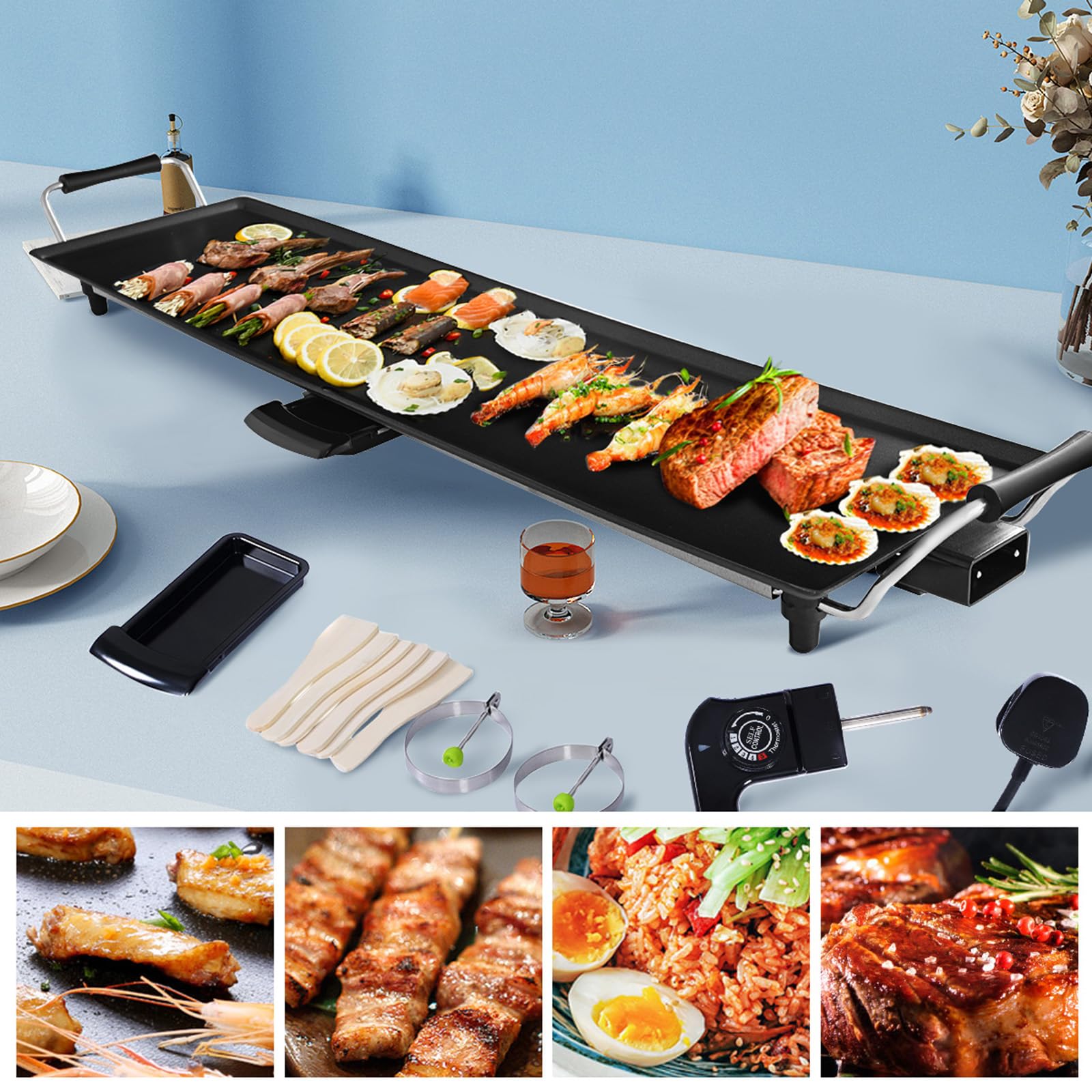 COSTWAY 1800W Piastra Elettrica, Barbecue Elettrico con Temperatura Regolabile, Termostati e Vassoio di Sgocciolamento, Griglia Antiaderente (90 x 23 cm)