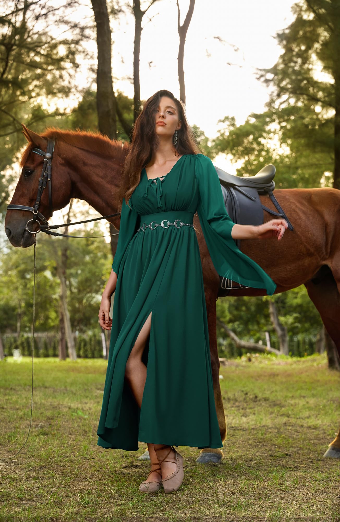 SCARLET DARKNESS Damen Renaissance Kleid 3/4 Ärmel Hohe Taille Schlitz vorne Sommerkleid V-Neck Mittelalter Maxi Kleider