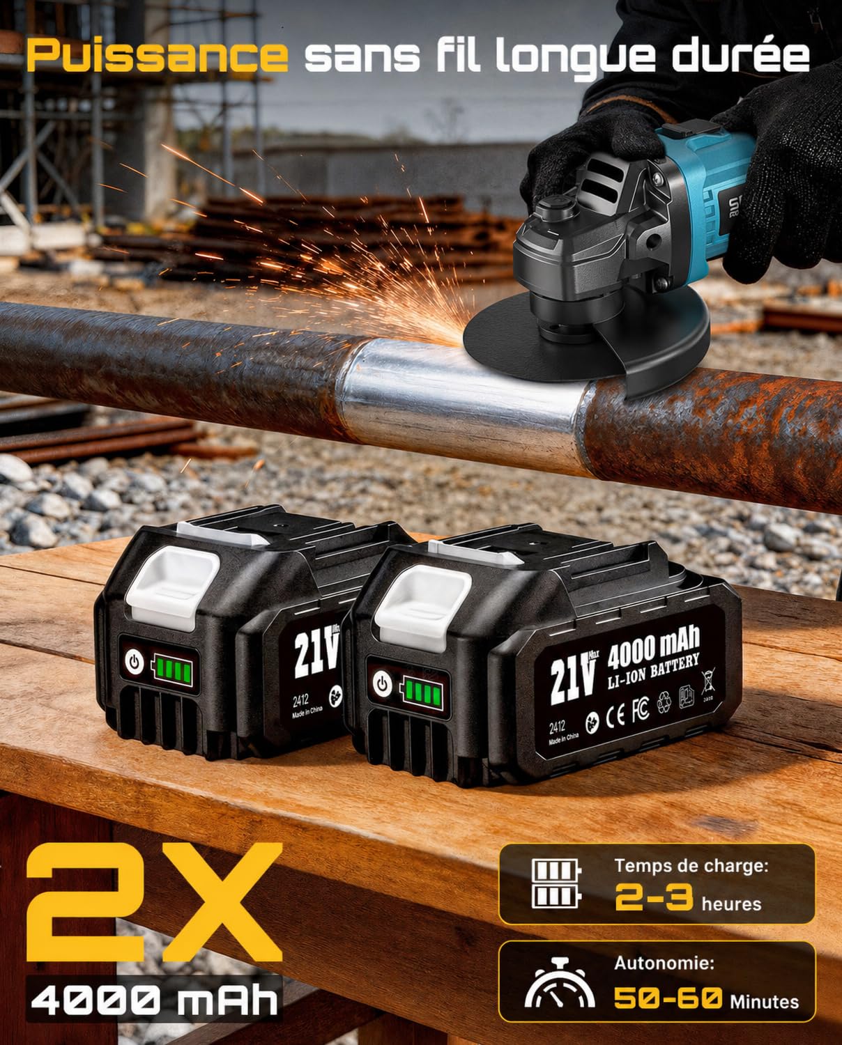 SEESII Meuleuse d'angle sans fil 125 mm, 2 x 4000 mAh Meuleuse d'angle Électrique Sans Balais 10 000 tr/min Avec 4 Roues de Coupe, 1Roues à Lamelles, disqueuse pour la découpe du métal