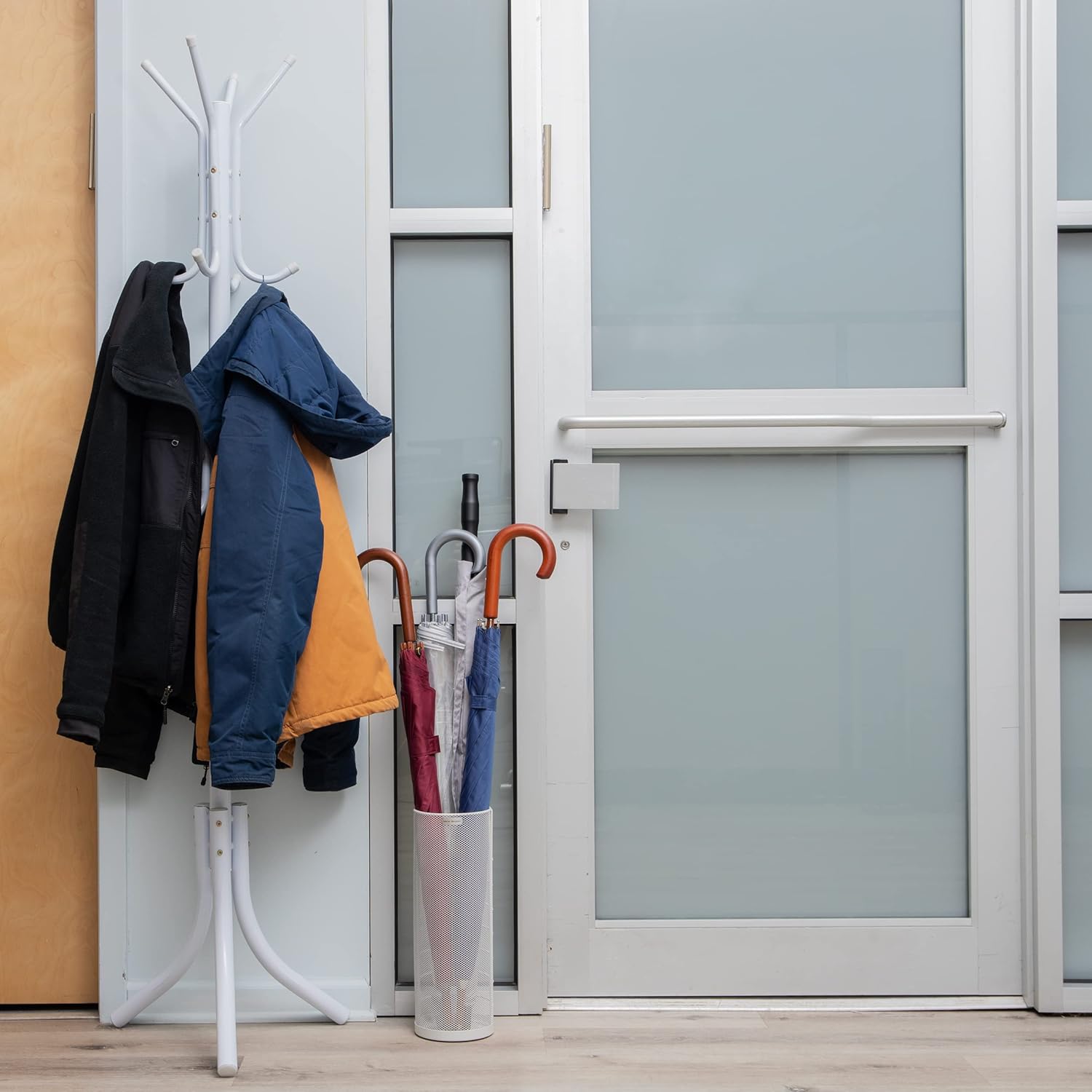 Mind Reader Umbrella Stand, Walking Cane Rack, Wraping Paper Holder, Entryway, Metal Mesh, 5.5" L x 5.5" W x 15.75" H, White