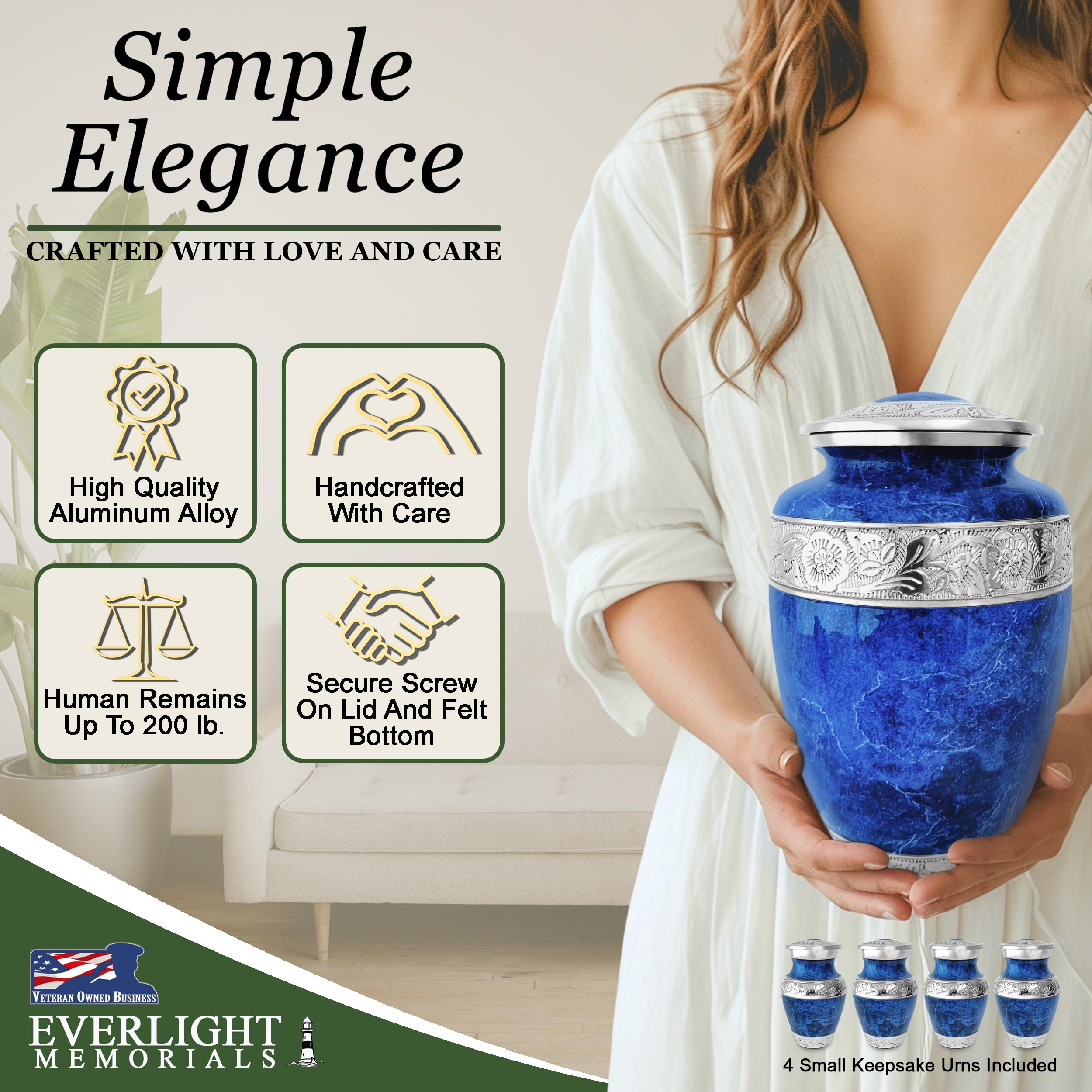 Blue Marble Urn for Ashes Adult Male – Large Cremation Urns Set for Human Ashes Adult Men & Woman – (Includes Large Urn and 4 Small Keepsakes)