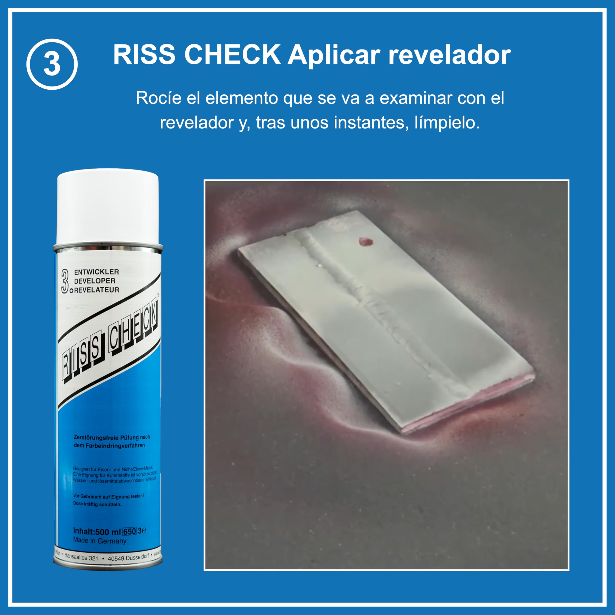 Kit control de grietas 3×500 ml – Spray limpiador grietas, spray detector rojo, spray contraste blanco – Ensayo no destructivo según norma DIN EN ISO 3452-2