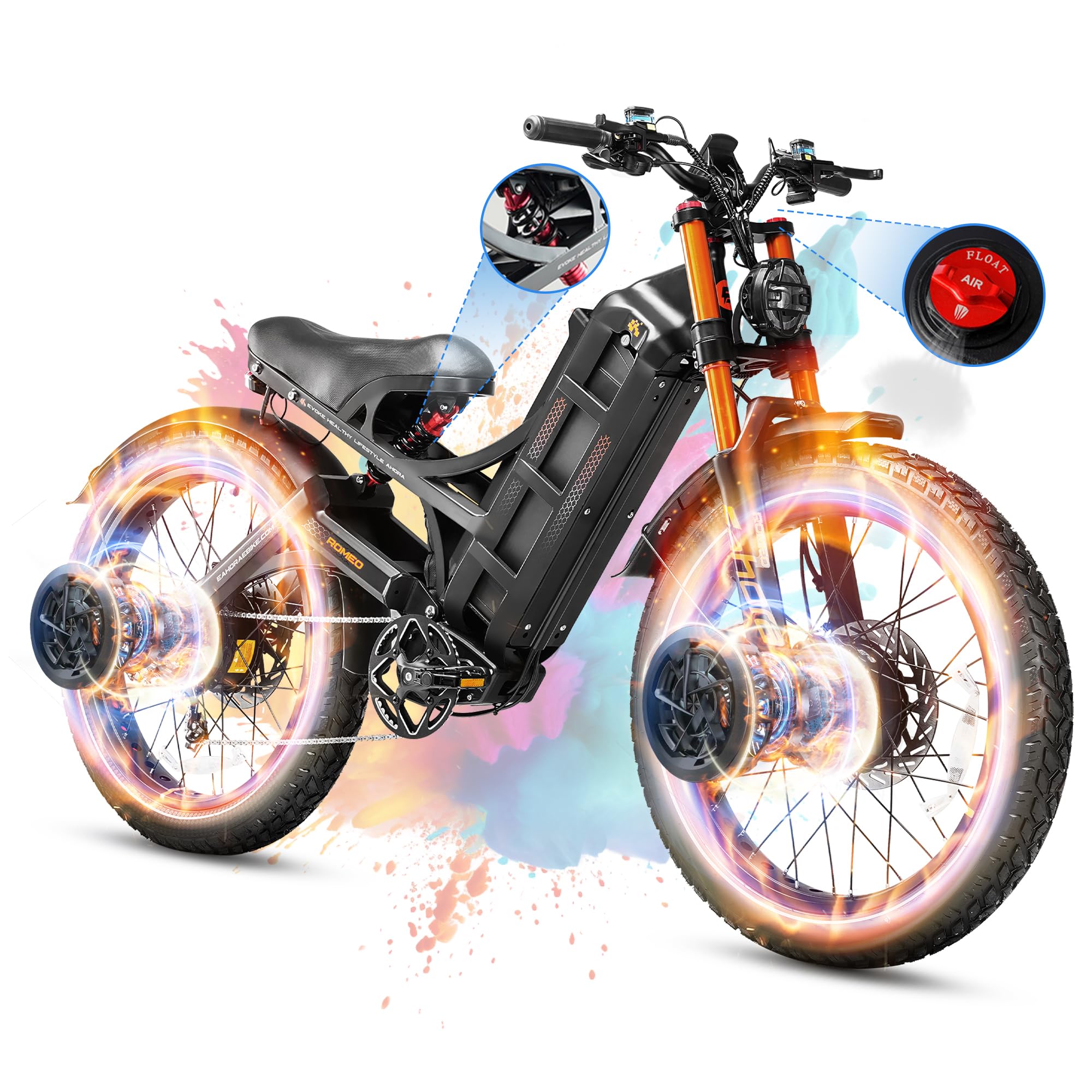eAhora 2025 Romeo Pro 3/2 50-46Mph Electric Bike for Adults, 5600W/4000W Dual Motor Ebike, 60V/80Ah 52V/70Ah 200+Miles Long Range E-Bike, 26 * 4.0" Fat Tire Full Suspension Electric Mountain Bike