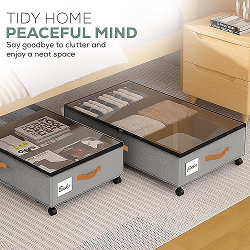 Vista 5 de Almacenamiento debajo de la cama con ruedas, paquete de 2 (36L cada uno), organizador de almacenamiento de perfil bajo con ventana transparente, Gris