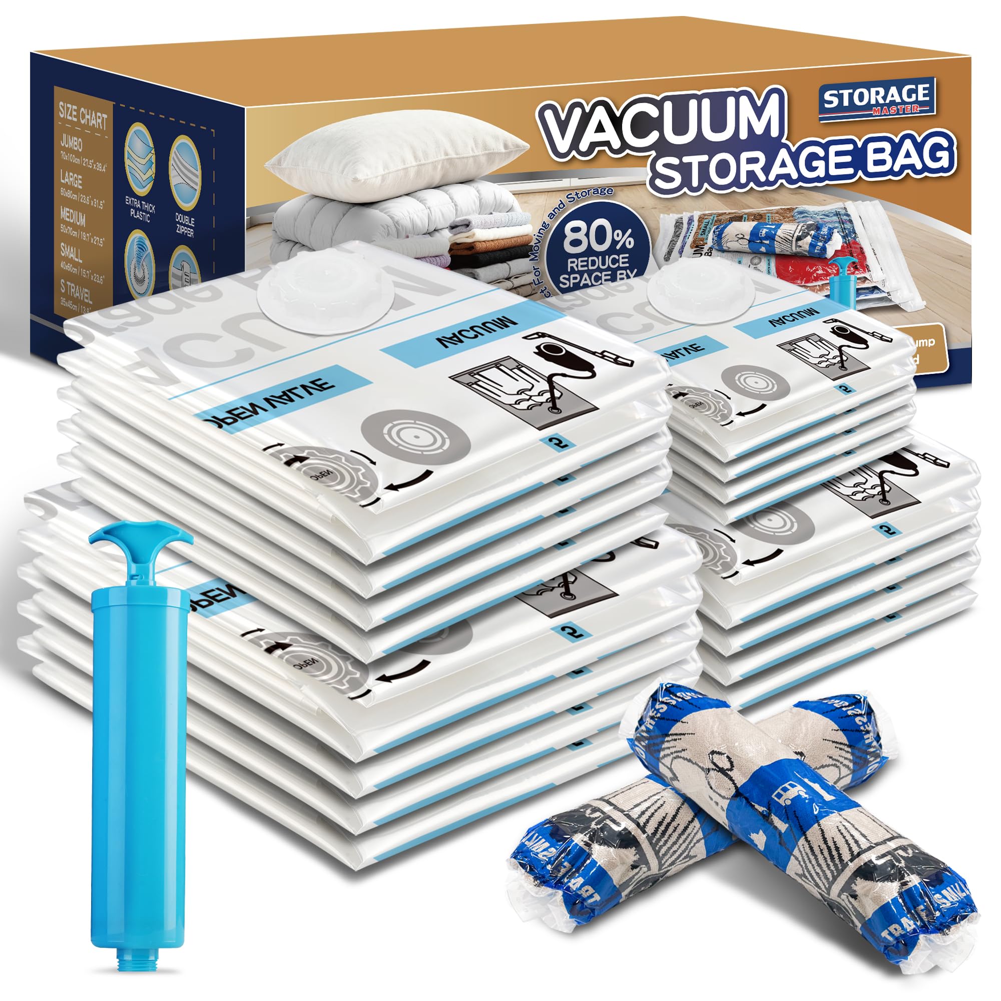 Storage Master 20 Combo Vacuum Storage Bags, Space Saver Bags 80% More Storage Space, With Hand Pump (20, Combo)