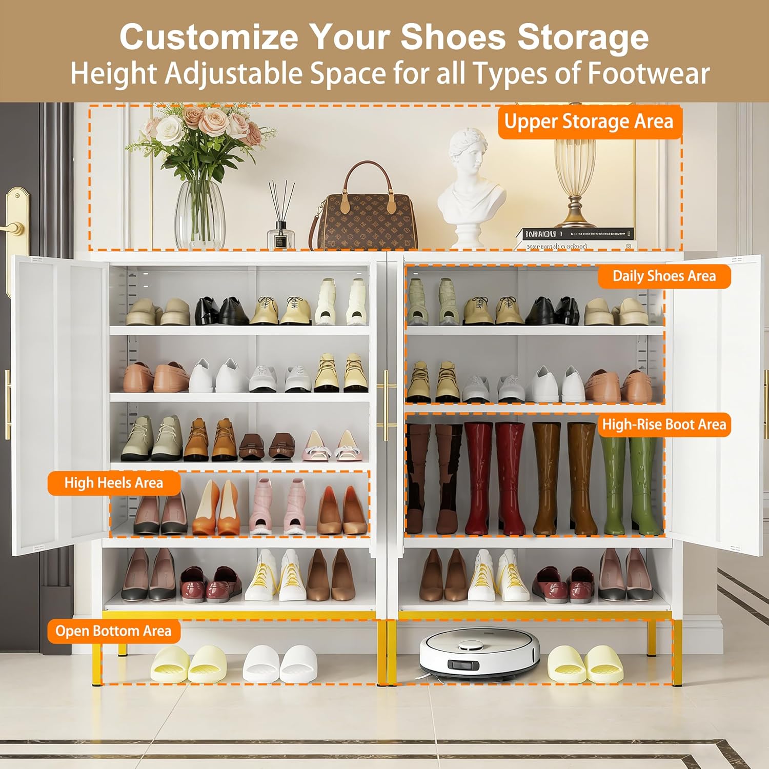 40'' Tall Modern Shoe Cabinet with 2 Doors, Metal 6-Tier Hidden Shoe Organizer, Narrow Shoe Storage Cabinet with Adjustable Shelves for Entryway, Hallway, Living Room, White