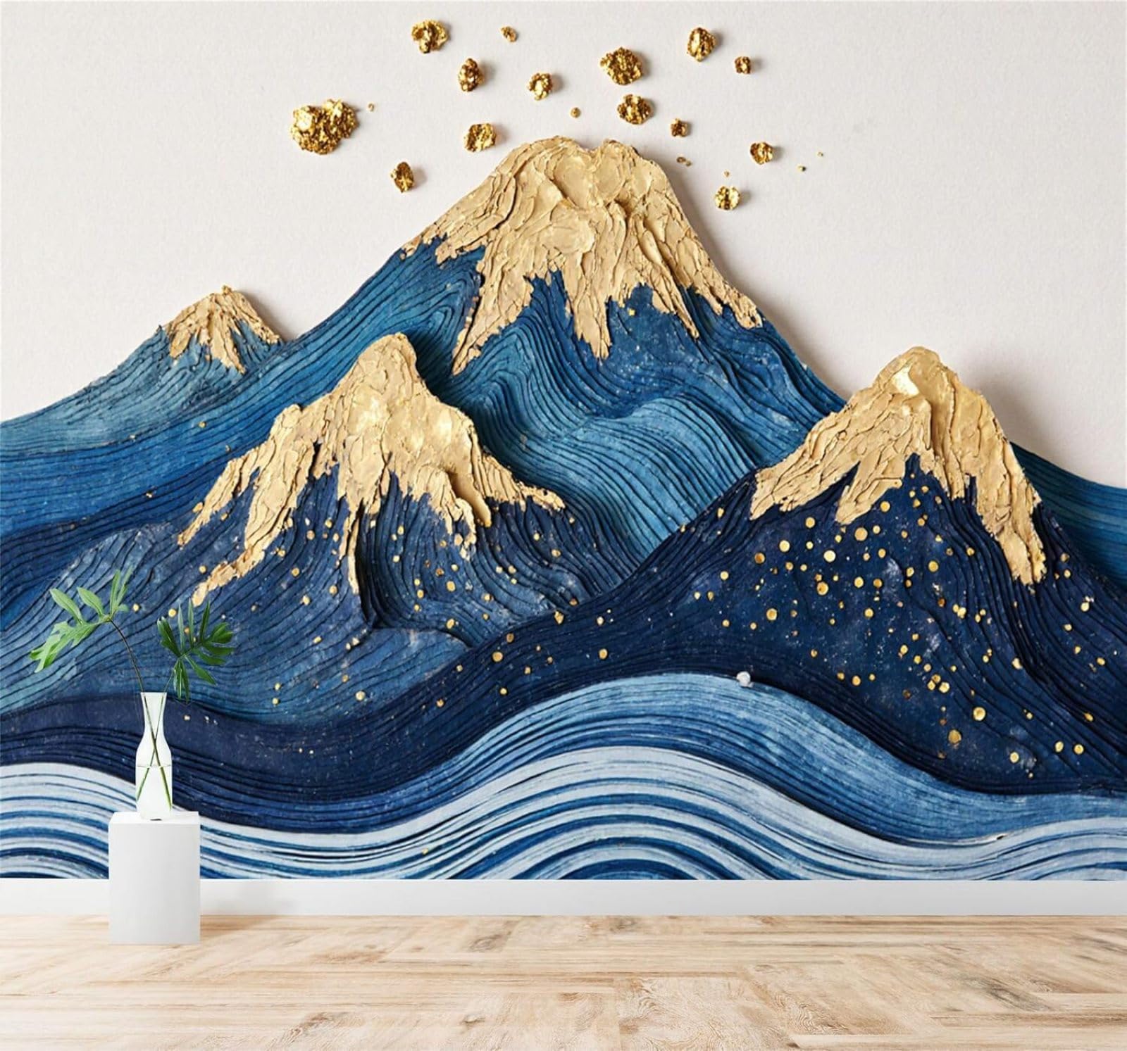 XLMING Abstract Blue Gold Mountains Flowing Waves A Starry Sky 3D Wallpaper Silky Texture Home Study Office Grey Dining Room Sofa Bedroom Living Room TV Backdrop-300cm×210cm