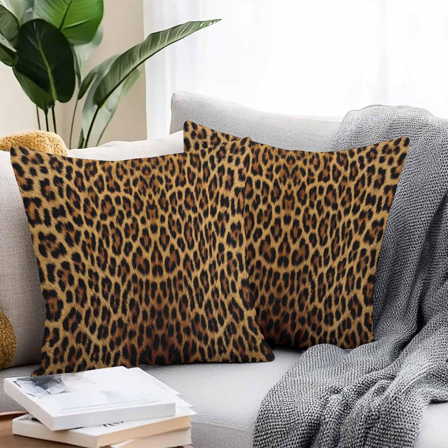 Outdoor Pillow Covers Waterproof, Leopard Texture Animal Fur All Weather Cushion Case Set of 2, Cheetah Decorative Pillowcases for Sofa Couch Bed Decor Patio Furniture 24"x24"