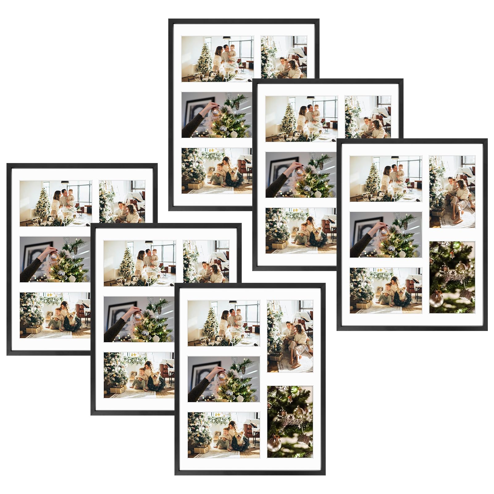 Golden State Art, 4x6 Aluminum Collage Frame, Displays 6x4 Pictures With 5 Openings Mat or One 11x14 Photo, Real Glass, Portrait/Landscape Wall Display, Black, 6 Pack