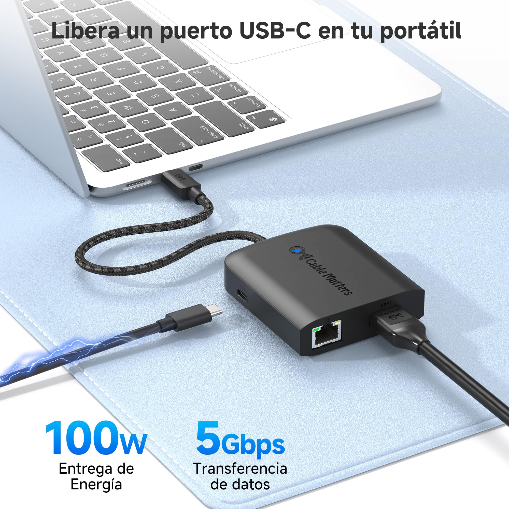 Cable Matters Hub USB-C HDMI con 2 Puertos USB 3.0, 8K, Negro | 4K@120Hz, Ethernet Gigabit, Power Delivery de 100 W, transferencia de datos 5 Gbit/s, negro