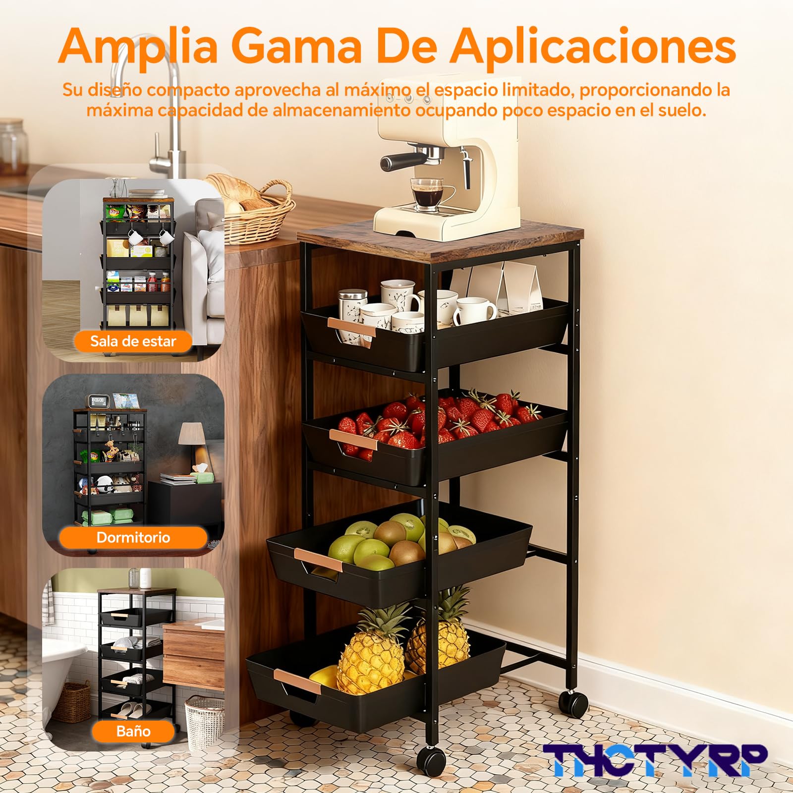 Carrito de 5 Niveles y 4 cajones, con Tabla de Madera y cestas ventiladas. Ruedas 360° con 2 Frenos. Ideal para Guardar Frutas, Verduras, microondas en Cocina o salón 32x38x81.5 cm