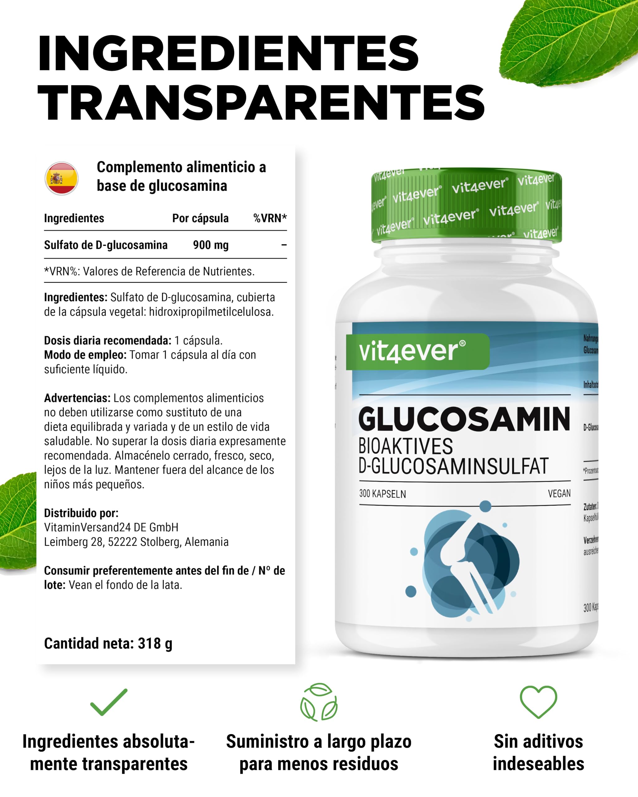 Glucosamina 900mg - 300 cápsulas - sulfato de D-glucosamina bioactivo de fermentación - sin aditivos indeseables - alta dosis - vegano