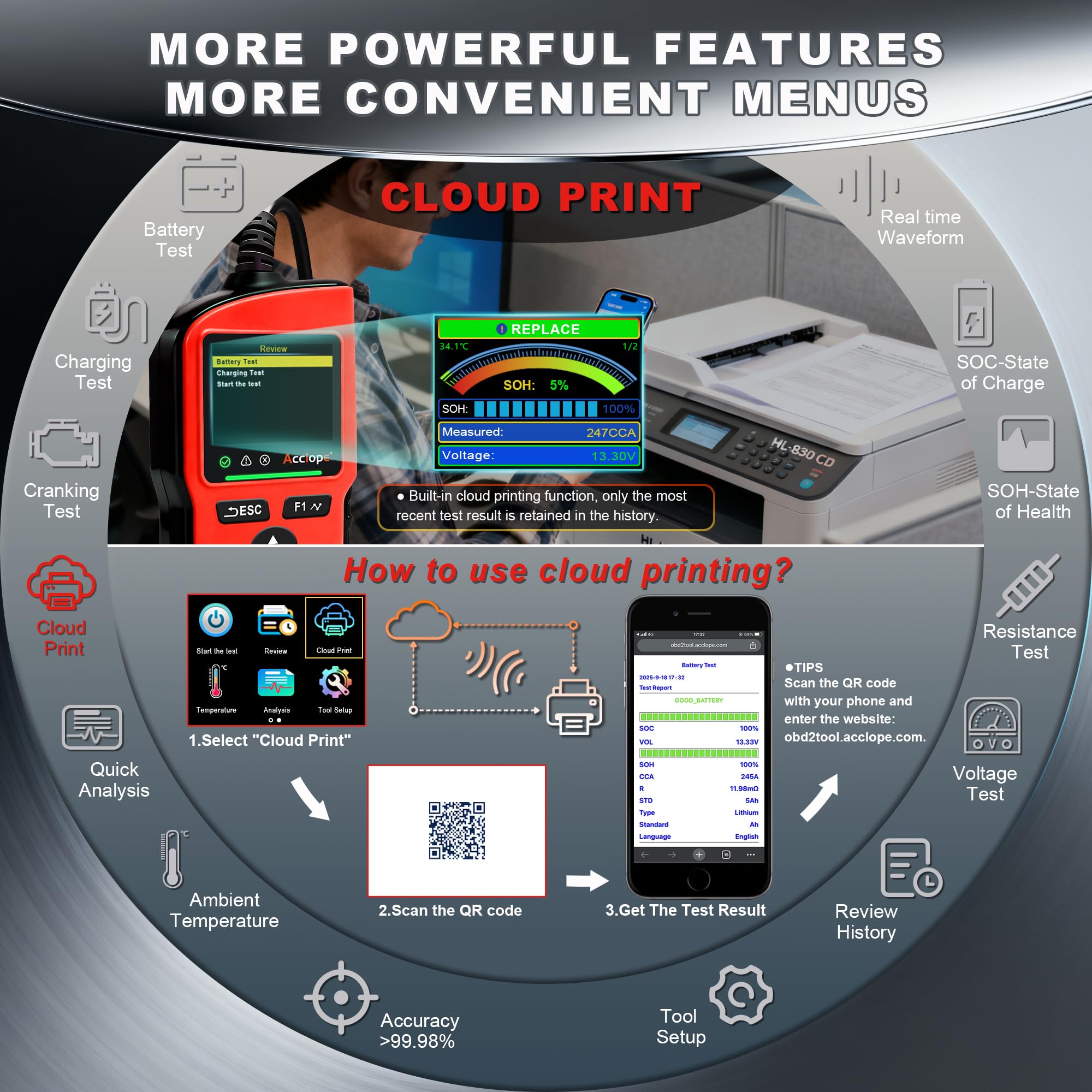 BT90 PRO - Tester per batteria, 6 V/12 V/24 V, per AGM/EFB/GEL/LiFePO4, 2 – 360 Ah, 30 – 3800 CCA, con stampa cloud, test di avviamento, nero, SAE/EN/IEC/CA/MCA, SOH/SOC/tensione/resistenza