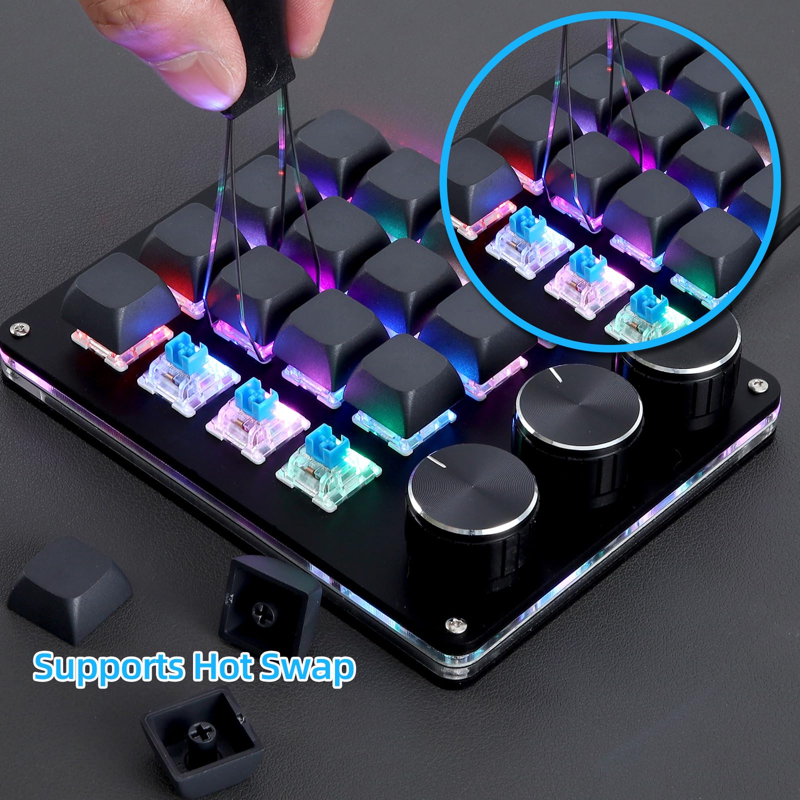 Koolertron Programowana klawiatura 16 przycisków, przenośna mini klawiatura z 3 pokrętłami, w pełni konfigurowalna klawiatura makro z podświetleniem RGB, 6 poziomów regulacji, klawiatura gamingowa do