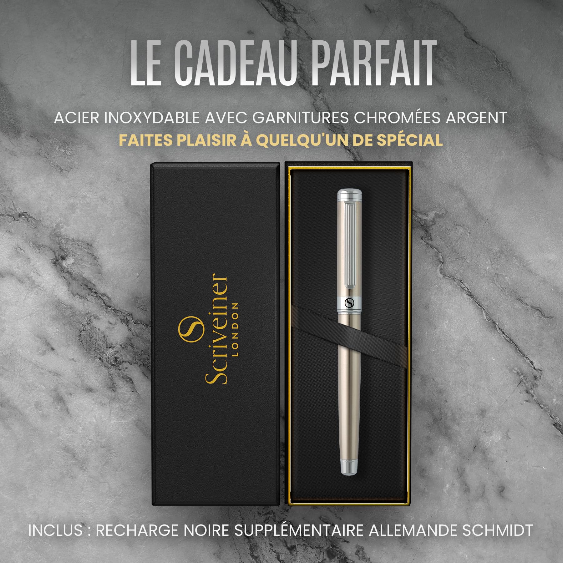Scriveiner Stylo Roller en Acier Inoxydable - Superbe stylo de luxe en métal avec finition chromée argentée, recharge d'encre Schmidt, meilleur coffret cadeau pour homme et femme