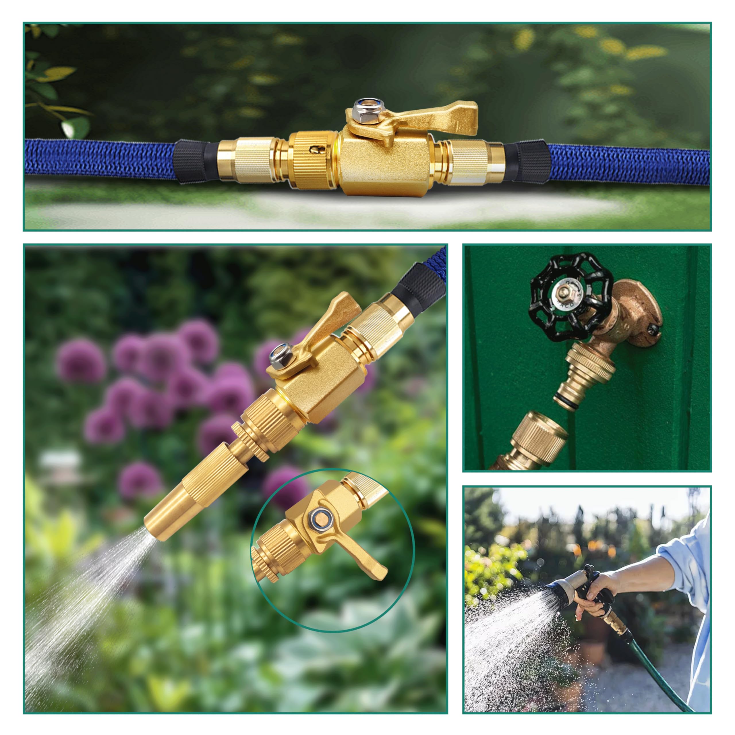 Kit de conectores de manguera de jardín resistentes, paquete de 2 válvulas de cierre de manguera de jardín de flujo completo de 3/4 pulgadas GHT y manguera de jardín de latón macizo,