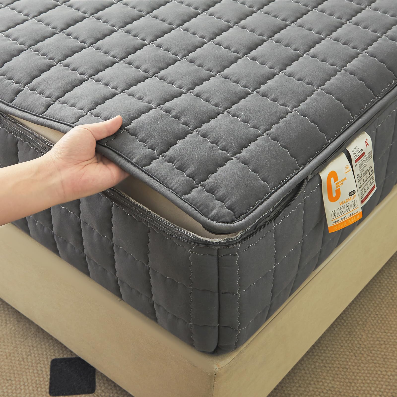 Zhaijyli C Full Over Quilted Mattress Protector Zipped Mattress Topper Single/Double/King 135X190/200 Fitted Sheet Noiseless Breathable 6 Sided Zipper Losure Full Encasement Overs Washable(150X200+35Cm,)