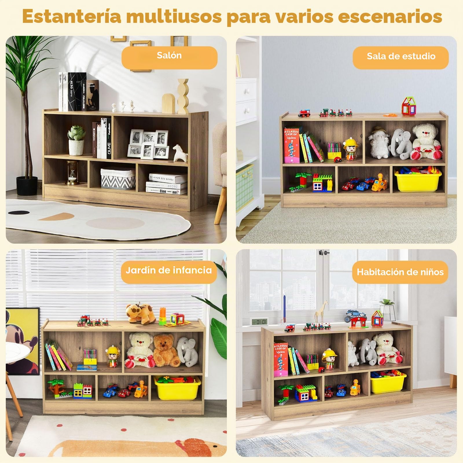 HOMASIS Armario de juguetes de 2 niveles con 5 compartimentos, estantería infantil de madera, estantería abierta, estantería de almacenamiento para juguetes, para habitación infantil, sala de juegos