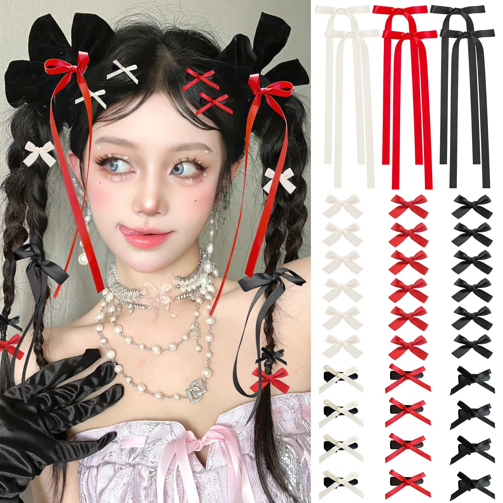 Photo 1 of Mini Hair Bows for Women Girls Cute Hair Clips Small Alligator Long Tail Hair Ribbon Accessories -3 Styles -36P - Black White Red