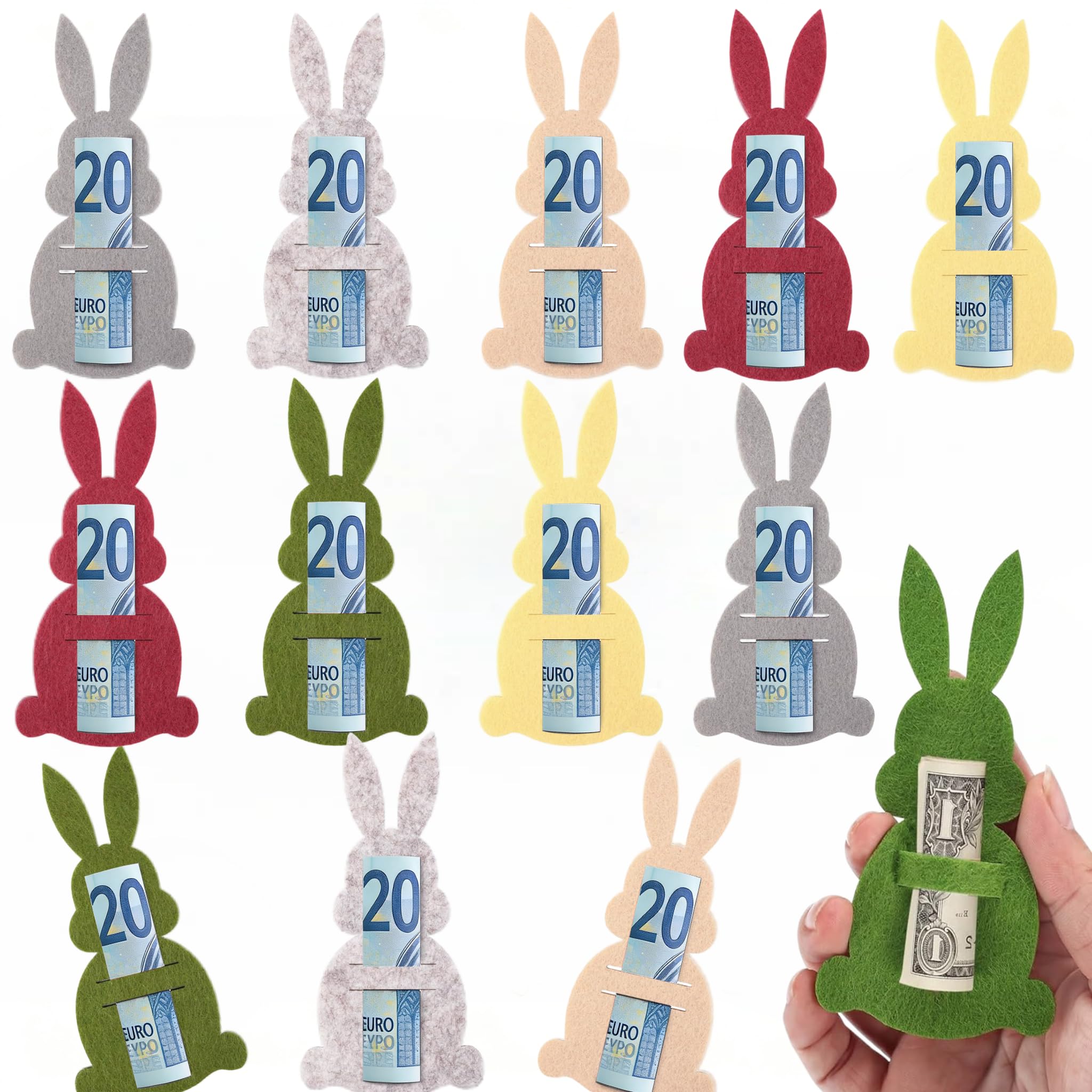 Walkinbear 12 Stück Ostern Geldgeschenke, Osterhasen Filzdekorationen, Geldgeschenk Ostern Verpackung für Erwachsene Kinder, Perfekt Verpacken Ostergeschenken mit Geldscheinen Gutscheinen Süßigkeiten
