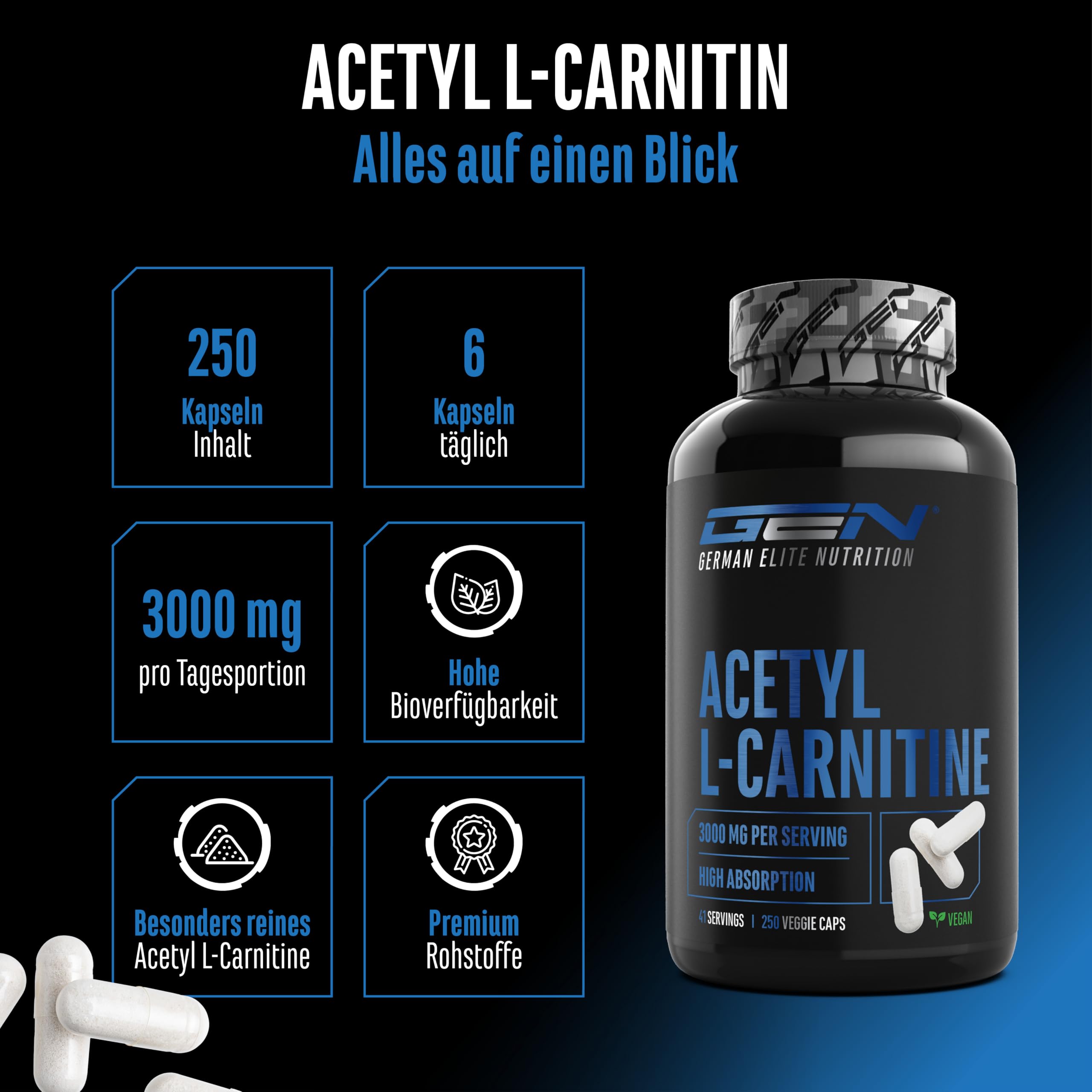 Acetyl L-Carnitine 3000-250 Tablets 3000 mg per Daily Dose - Extra Strong -  100% Acetyl L-Carnitine -Strongest L-Carnitine Form - Vegan