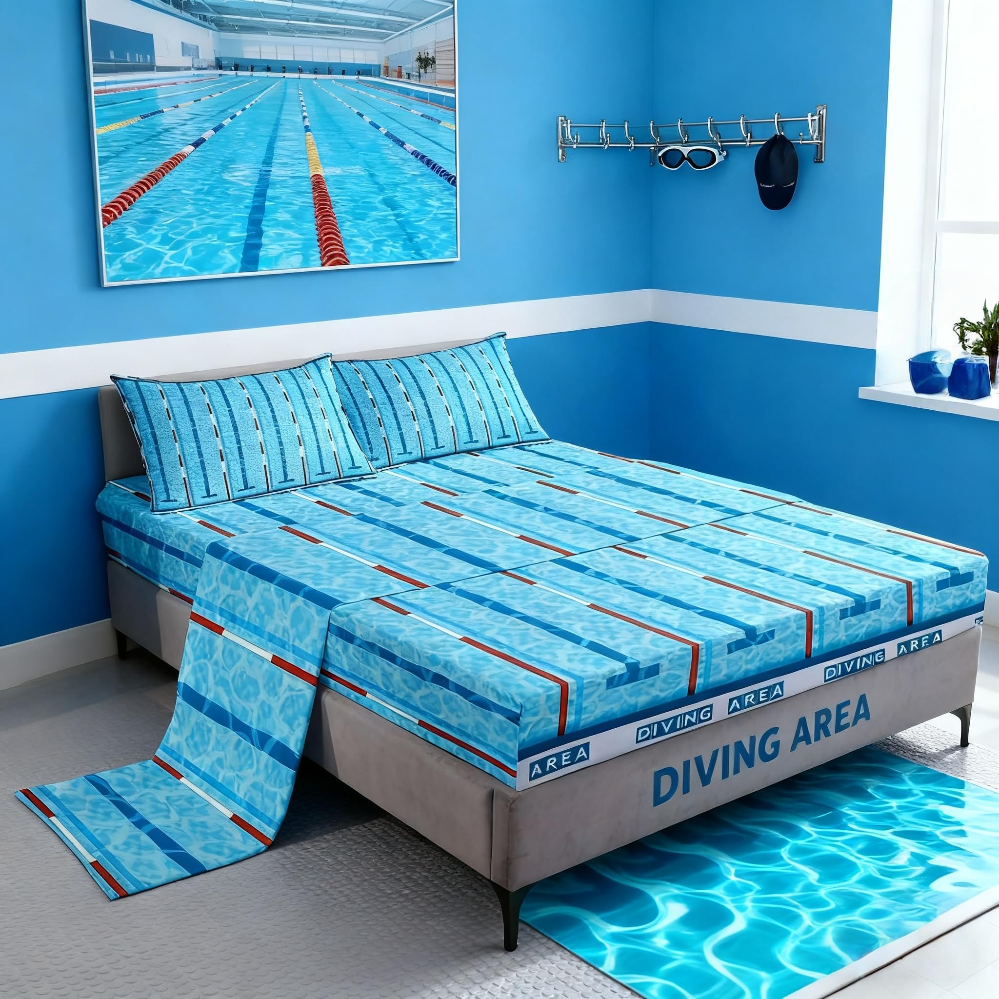 Set di biancheria da letto per bambini, per bambini, per letto singolo, stile moderno, alla moda, per ragazzi e adulti, decorazione per la camera da letto, piscina, chic, blu, 3 pezzi (angoli + piatto