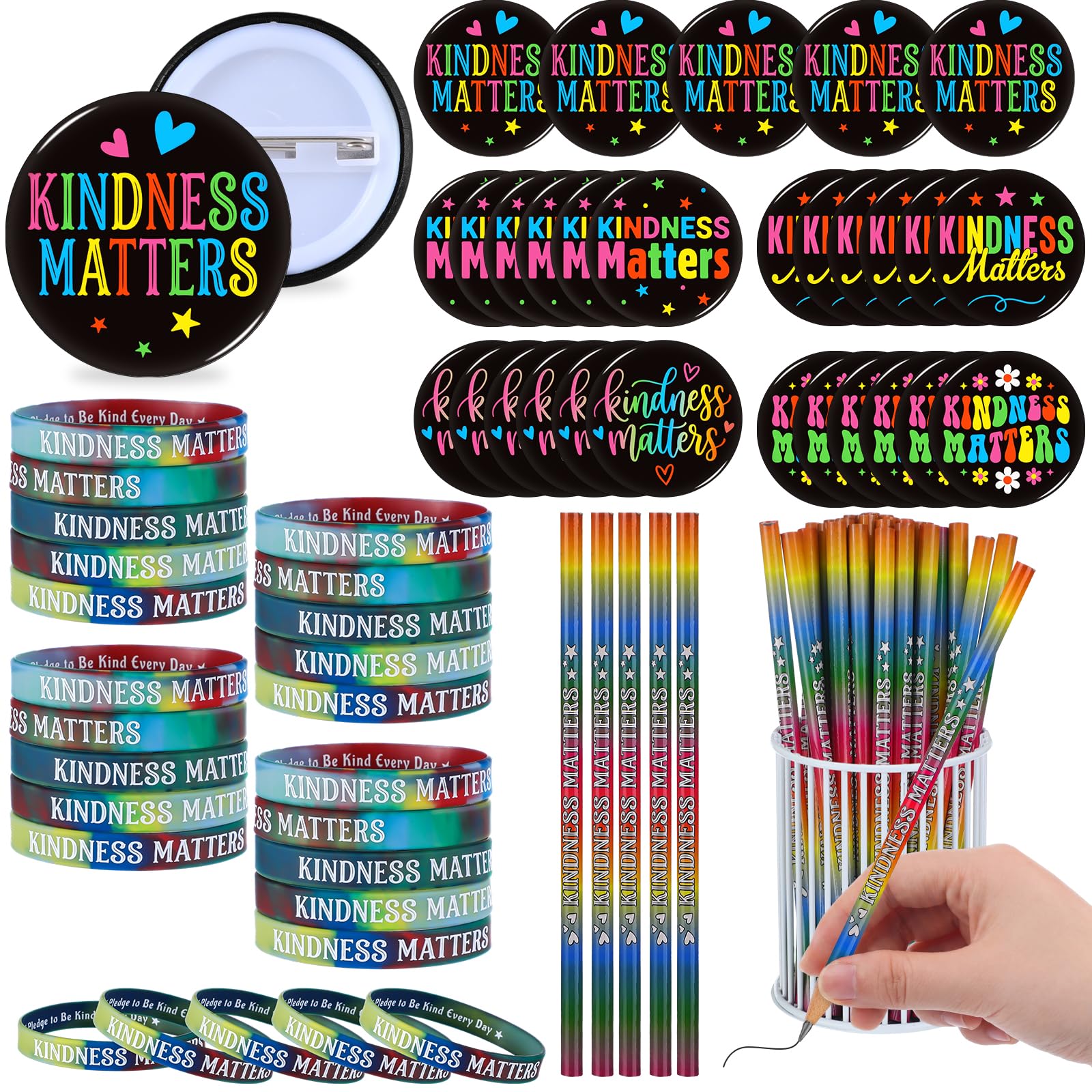 Ferreve 90 Pcs Kindness Matters Supplies Set Include 30 Pencil 30 Ribbon Bracelet 30 Badge Button for Anti Bullying Month Party Favor
