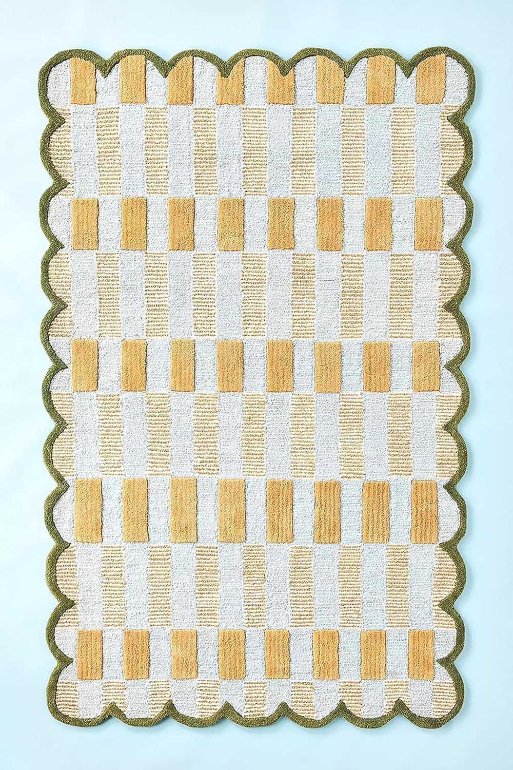 Metalic Light Blue Plaid Wool Rug - 5' x 8' – Hand-Tufted Scalloped Edge Area Rug, Soft & Cozy Handmade Carpet for Living Room, Bedroom, and Nursery Decor - Modern Accent Rug