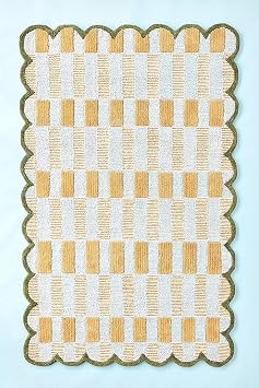 Light Blue Plaid Wool Rug 8 x 10 Hand-Tufted Scalloped Edge Area Rug, Soft & Cozy Handmade Carpet for Living Room, Bedroom, and Nursery Decor - Modern Accent Rug