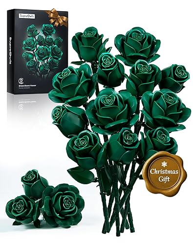 Millionspring Green Rose Bouquet Building Set Green Artificial Roses Gifts for Adult on Birthday,New Beginnings,Hope and Good Fortune,Christmas,Home Decor - Green