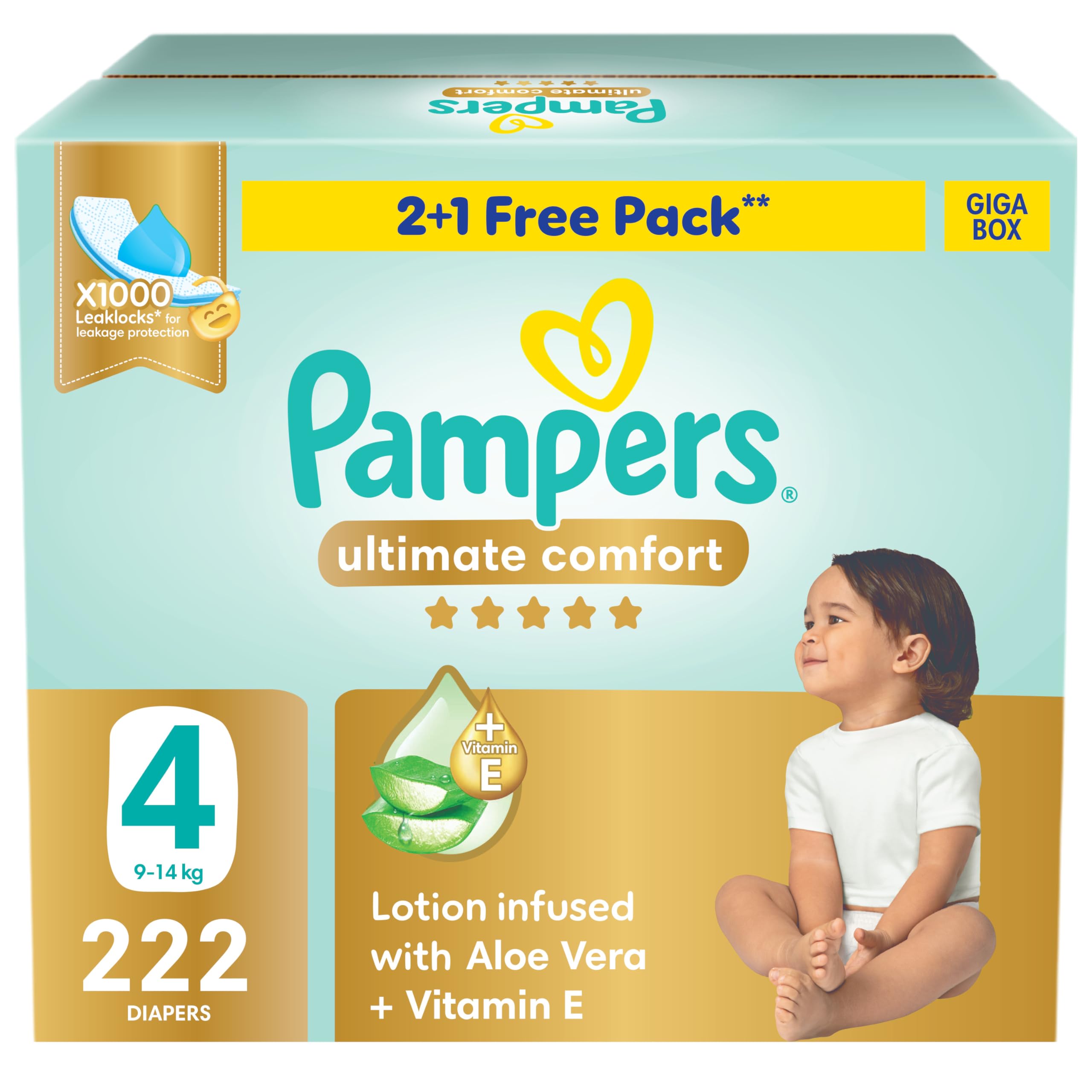 Pampers Ultimate Comfort Taped Diapers, Size 4, 9-14kg, Lotion infused with Aloe Vera and Vitamin E, x1000 Leak Locks Technology for Leakage Protection, Giga Box, 222 Count