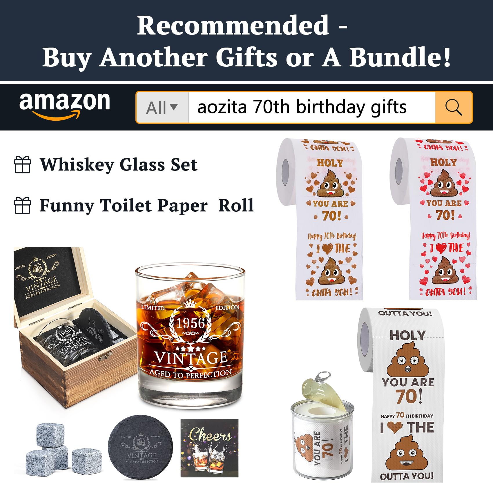 70th Birthday Gifts for Men Whiskey Glass Set - 70th Birthday Decorations, Party Supplies - 70 Years Anniversary, Bday Gifts Ideas for Him, Dad, Husband, Friends - Wood Box & Whiskey Stones & Coaster