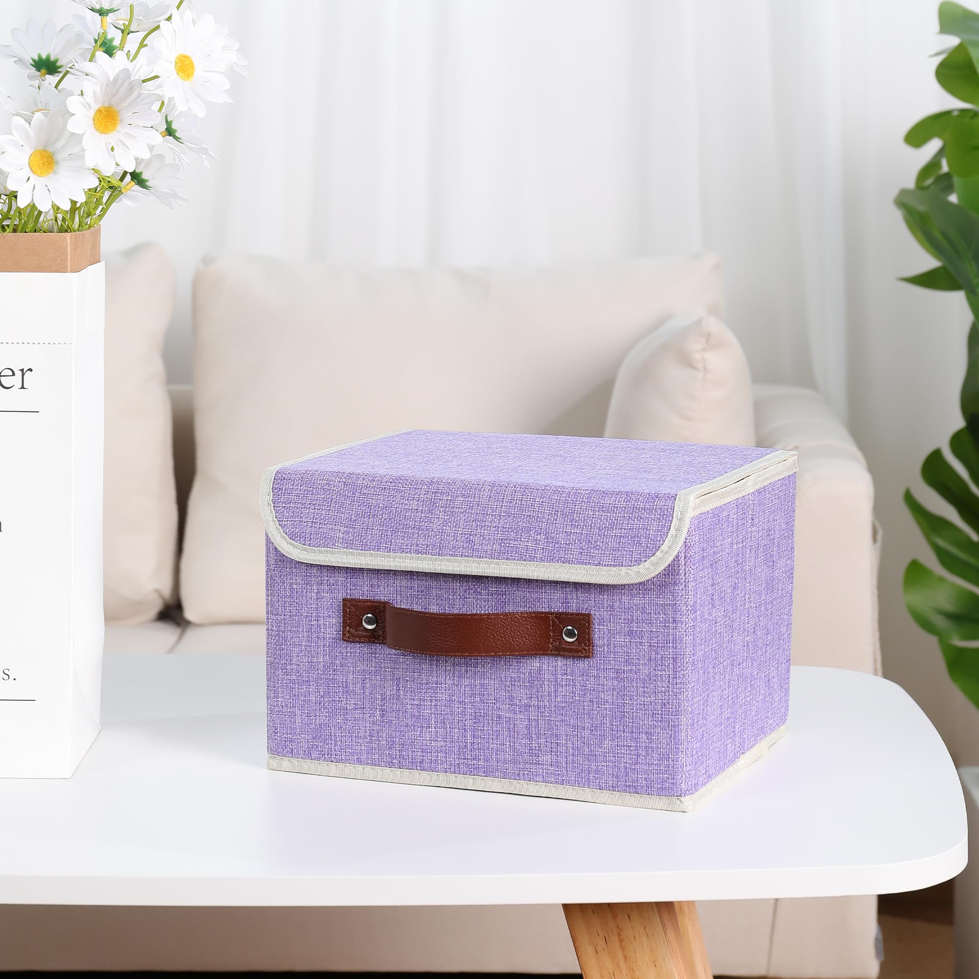 ANMINY Aufbewahrungsbox aus Stoff mit Deckel, Lila, 25,4 x 20,3 x 17,8 cm, 4 Stück | Erinnerungsspeicher, Baumwollleinen, PP-Platte verstärkt, waschbar, PU-Griffe, faltbar & stapelbar, dekorativ, klein