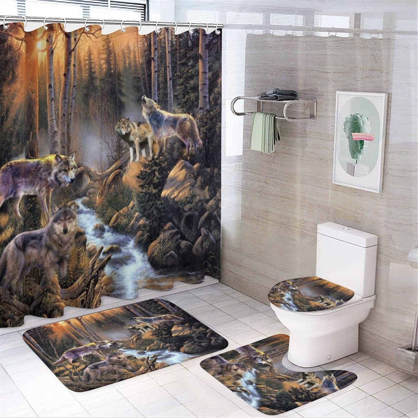 Kazynee Vintage Wolf 4 Piece Shower Curtain Sets, Non-Slip Rugs, Toilet Lid Cover and Bath Mat, Durable and Waterproof, for Bathroom Decor Set One Size