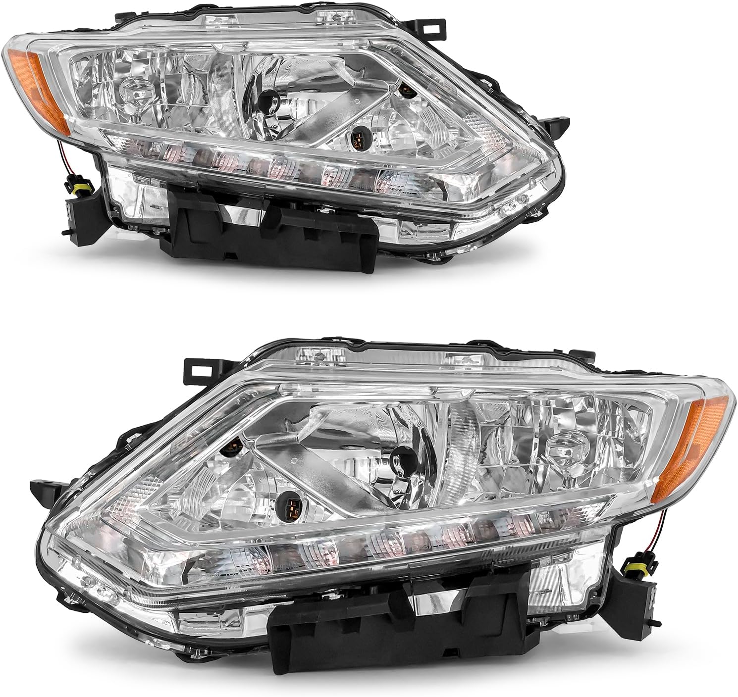 Headlight Assembly for 2014 2015 2016 Nissan Rogue Clear Lens Chrome Housing with Amber Reflector Headlamp Replacement Driver and Passenger Side Pair