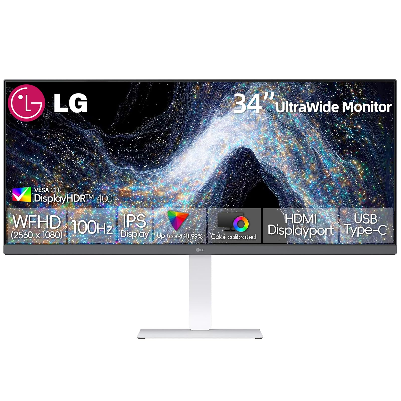 LG 34 Inch UltraWide Monitor, 21:9 WFHD (2560 x 1080) IPS Display, 100Hz, VESA DisplayHDR 400, FreeSync, Flicker Safe, USB Type-C, HDMI, DisplayPort, Speakers, VESA Mount, Home Office Computer,White 34"-100Hz-WFHQ-Type-C