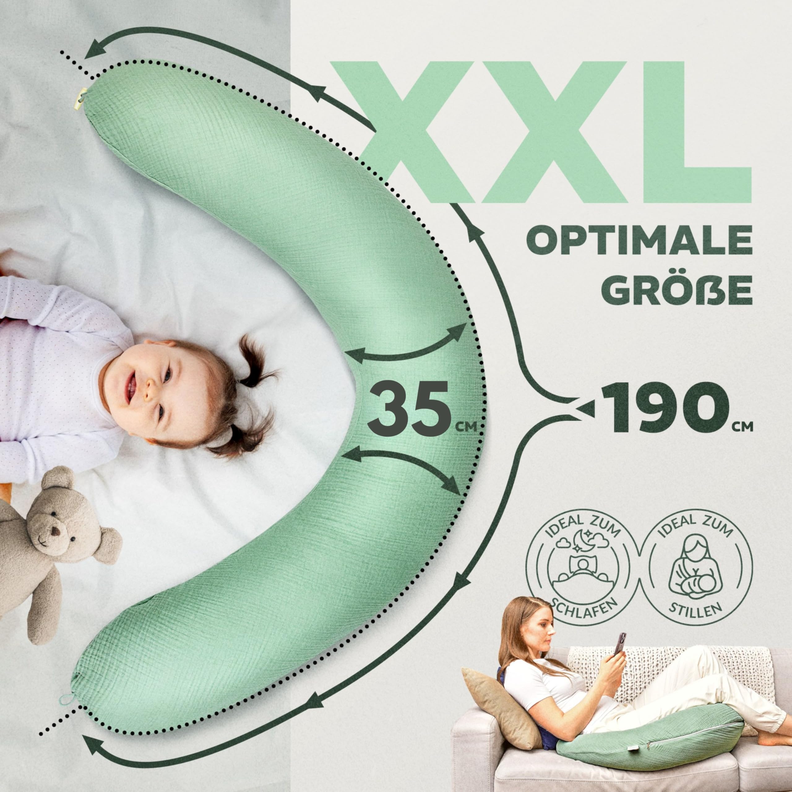 sei Design Cuscino Allattamento XXL 190x30 - Cuscino Gravidanza Ergonomico, Cuscino Laterale per Dormire - Fodera Esternamente: lavorato a maglia, 100% Cotone BIO, Cuscino Neonato Accessori Utili