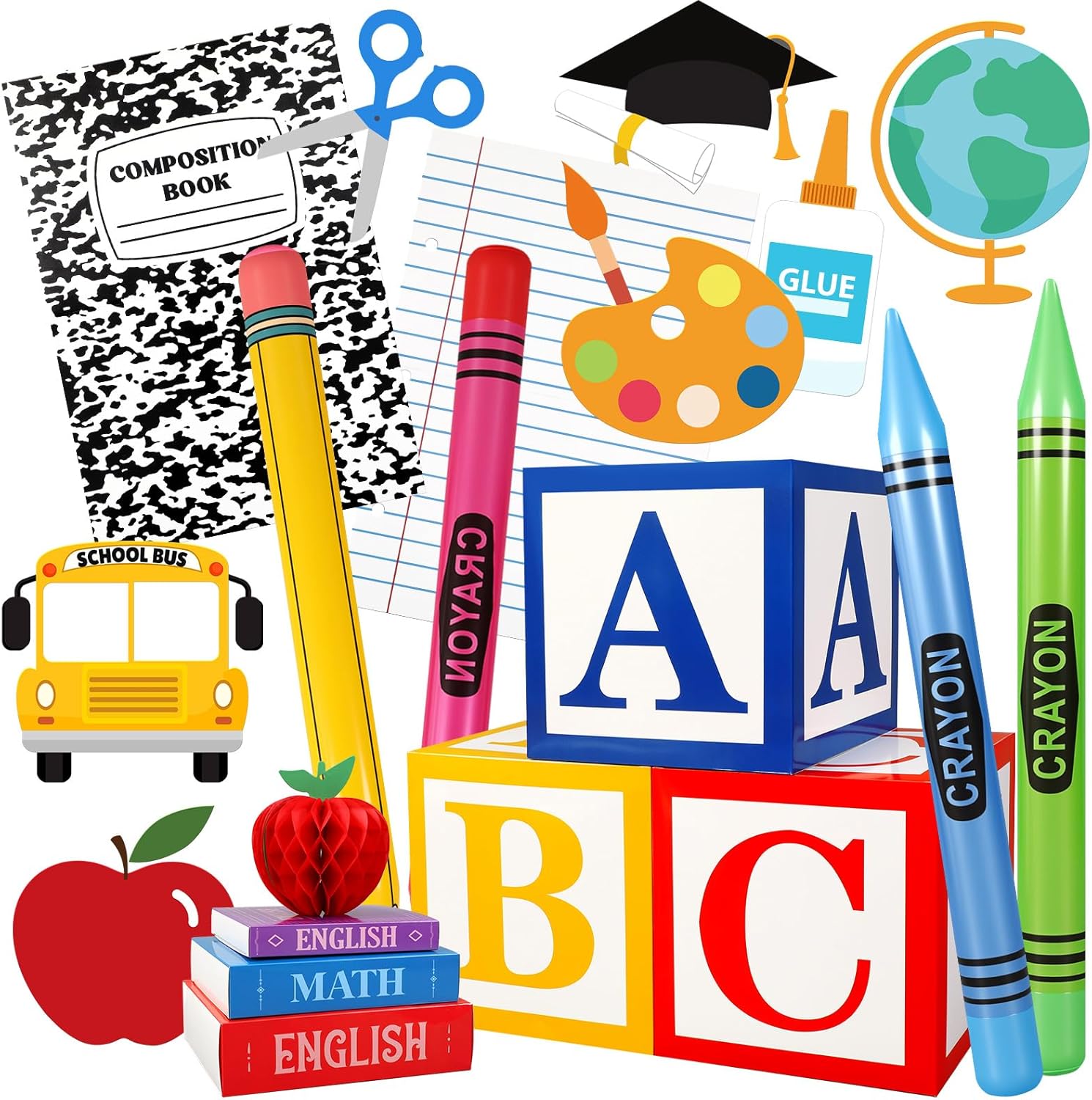 23 Pcs Kindergarten Giant School Theme Party Decorations Abc Alphabet Party Favor Box Large Inflatable Pencil Crayon Balloons for Kindergarten Back to School Graduate Celebration Supplies