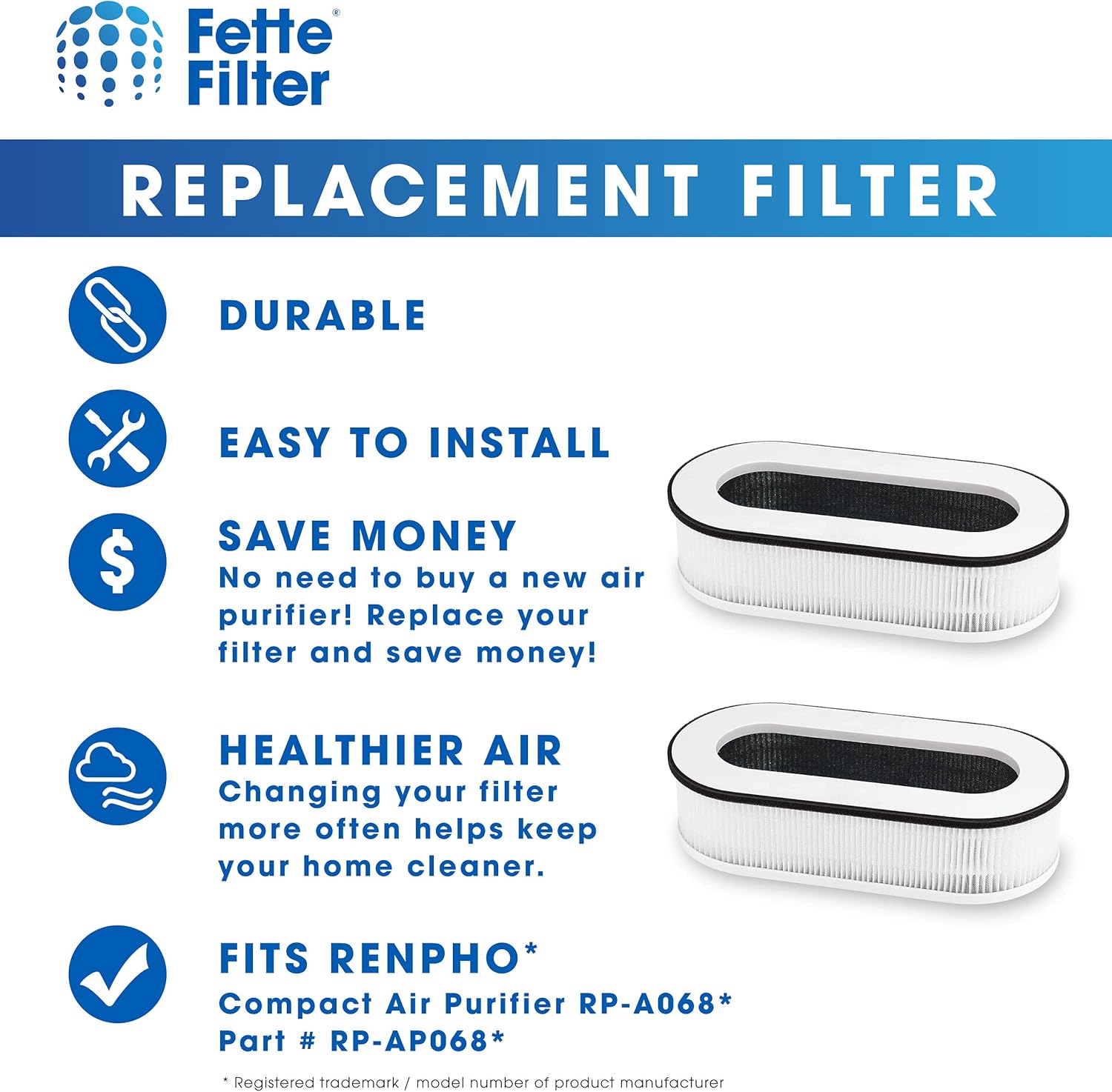 Fette Filter - RP-AP068 Replacement Filter, Compatible with RENPHO Air Purifier RP-AP068 RP-AP068W RP-AP068B RP-AP068-F2 Filter, 3-in-1 H13 Grade True HEPA Filters - Pack of 2 - Image 5