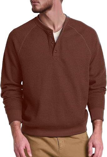 QIVICIMA Raglan Long Sleeve Waffle Henley Shirts for Men Textured Cotton Pullover Knit Tee with Button Neckline