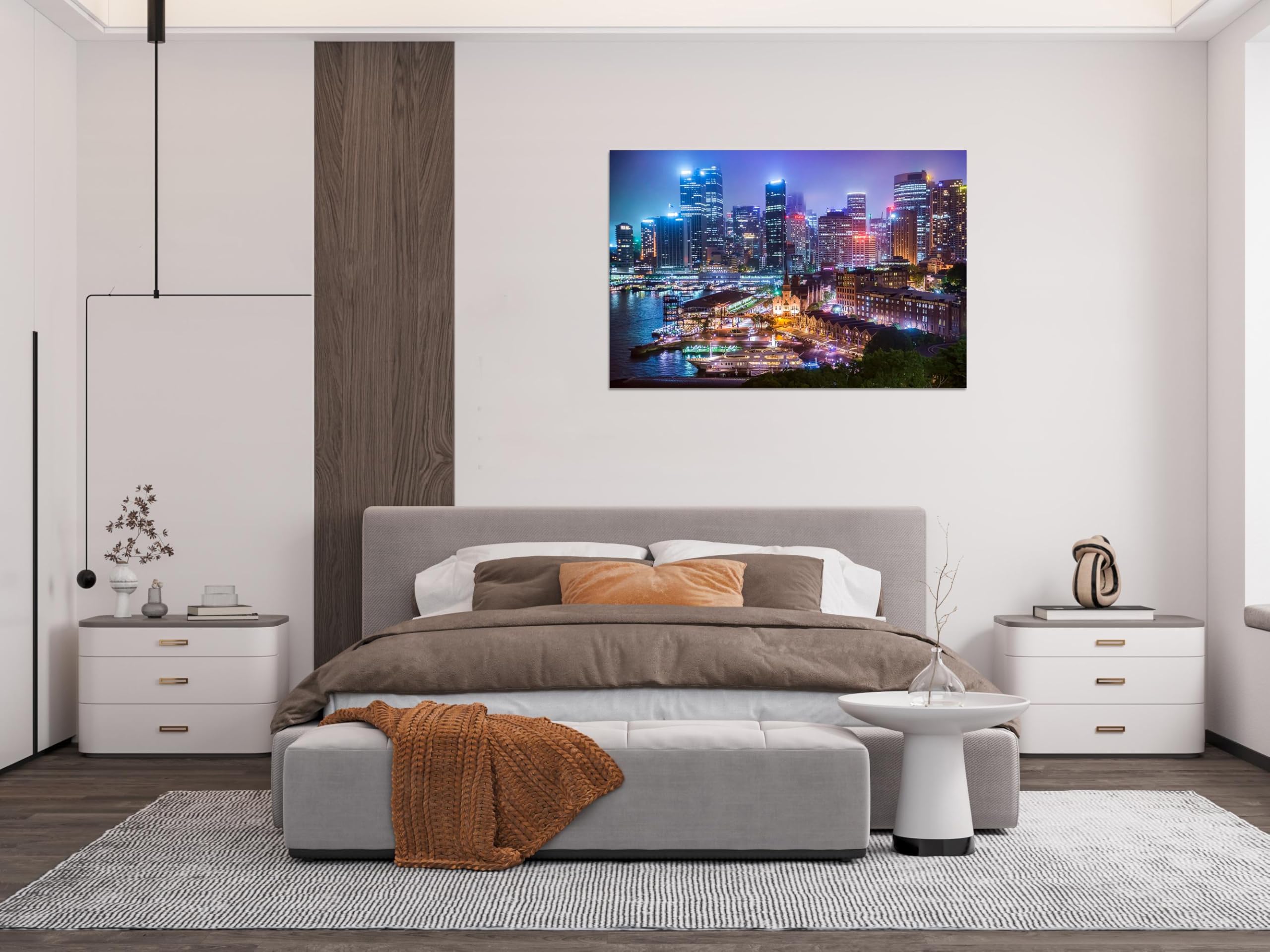 Stadtlandschaft Leinwandbild Fertig zum Aufhängen-Landschaftsbilder auf Leinwand-Nachtlandschaft Gebäuden Wandbilder Wohnzimmer-Panorama Kunstdruck 30x45cm Umwickelte Leinwand