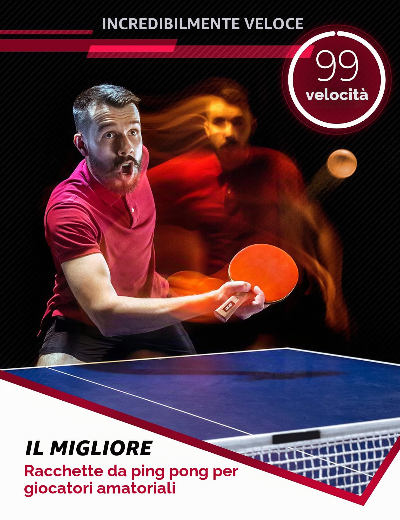 Racchetta professionale da ping pong, con custodia per il trasporto, in gomma approvata ITTF per tornei, ottima racchetta da ping pong