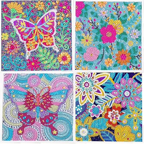 ZUYUSUT Paquete de 4 bonitos kits de pintura de diamantes con flores de mariposa para niños y niñas de 3 a 12 años, manualidades, juegos de pintura