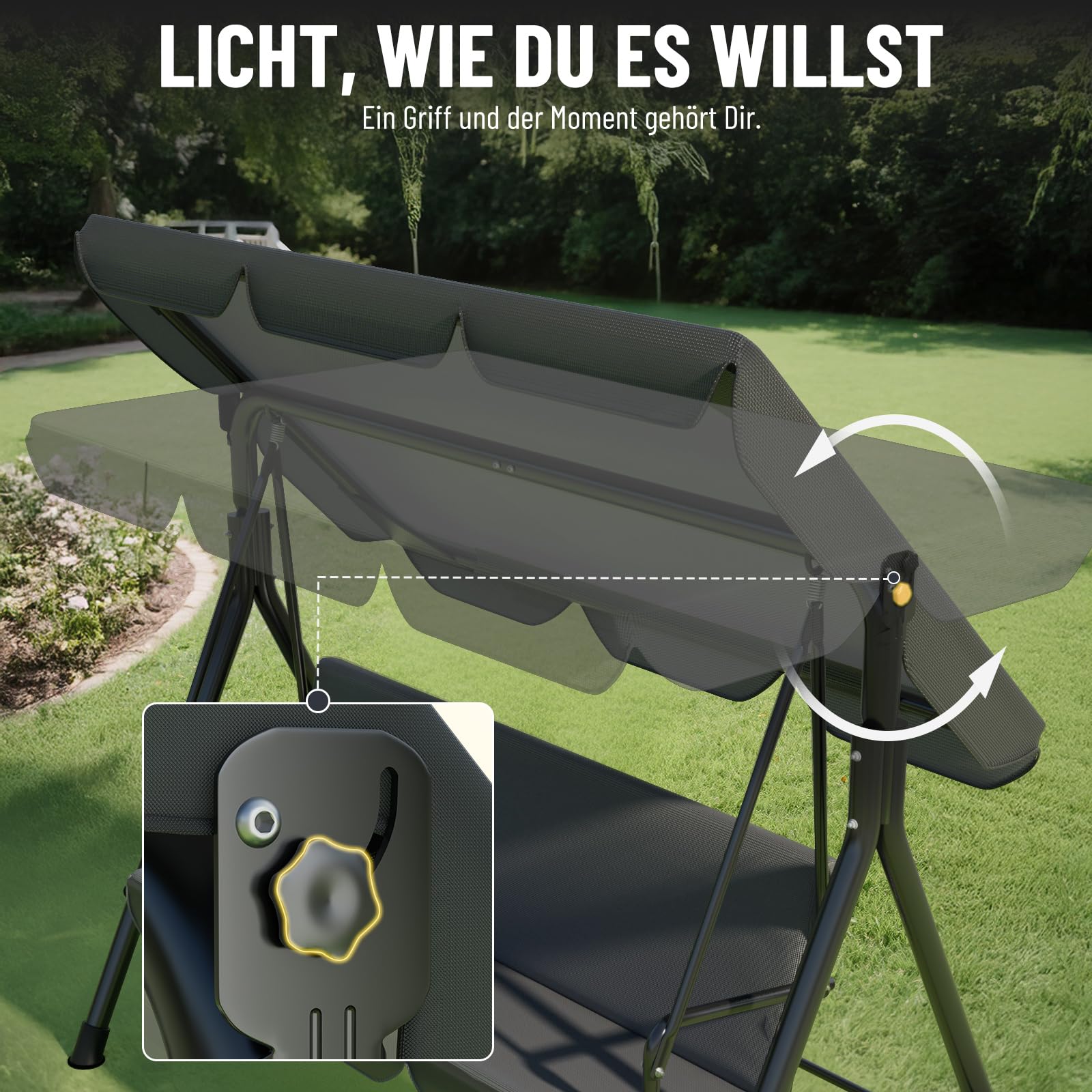 Soontrans 3-Sitzer Hollywoodschaukel, Familienzeit mit Leichtigkeit, Gartenschaukel mit Sonnendach & Gestell & Gepolsterte Sitzauflage, Belastbar bis 200 kg, aus Stahl (193 x 110 x 152 cm, Anthrazit)
