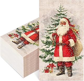 Whaline 100Pcs Christmas Guest Napkins Vintage Winter Santa Xmas Tree Disposable Napkin Dinner Paper Napkins for Holiday Party Tableware Supplies