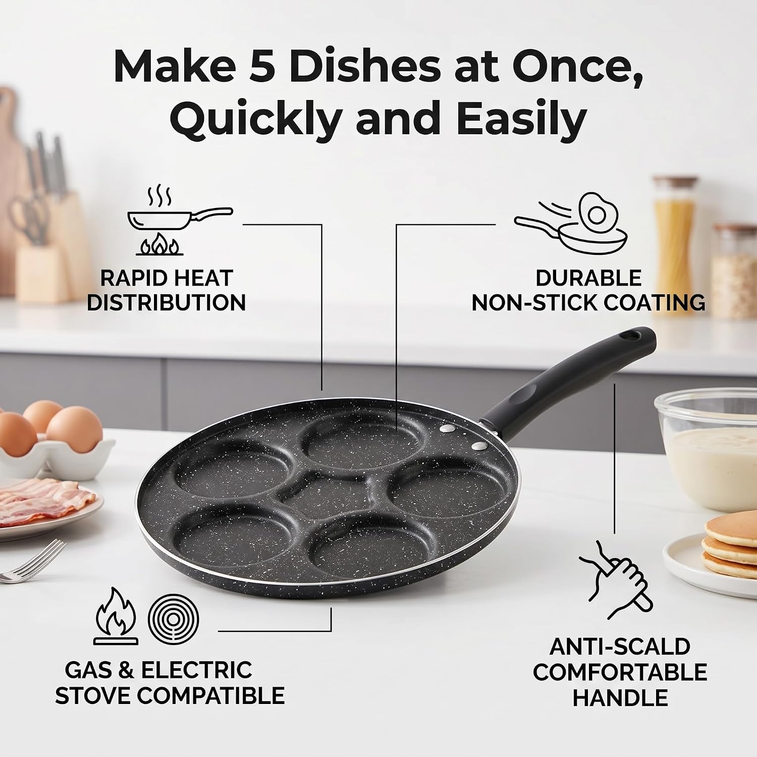 Milltrip 10.4in Egg Frying Pan, 5 Cups Nonstick, Aluminum, Black, 5 Holes, Omelet, Pancake, Crepe, Gas & Electric Stove Compatible