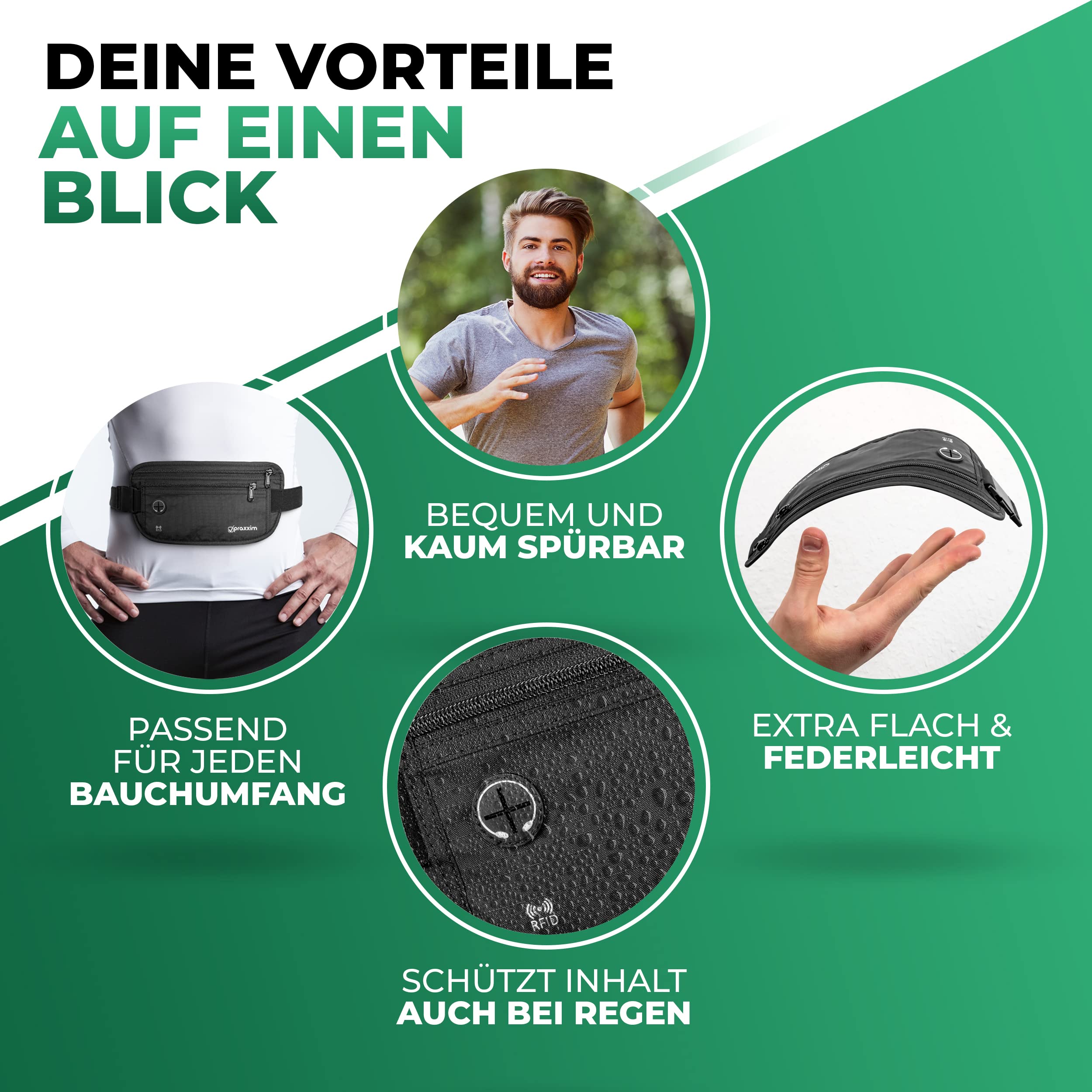 praxxim Die Bauchtasche zum Joggen - Perfekt sitzende Lauftasche - Bauchtasche Damen & Herren - Gürteltasche - Laufgürtel für Jogging und alle Handy Größen (schwarz)